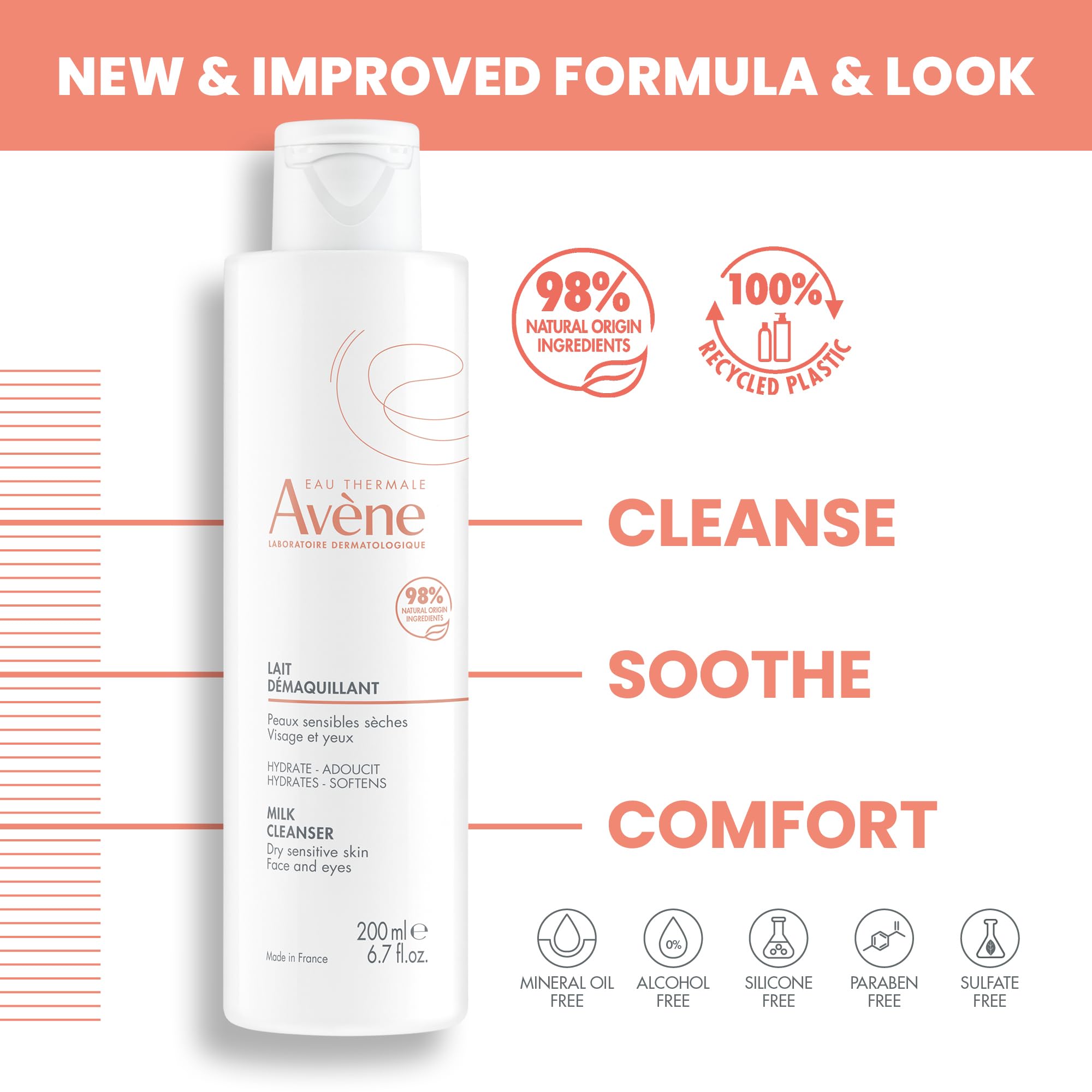 Eau Thermale Avne Gentle Milk Moisturizing No Rinse Cleansing Lotion for Sensitive Skin, 6.7 Fl Oz (Pack of 1) ( Packaging May V