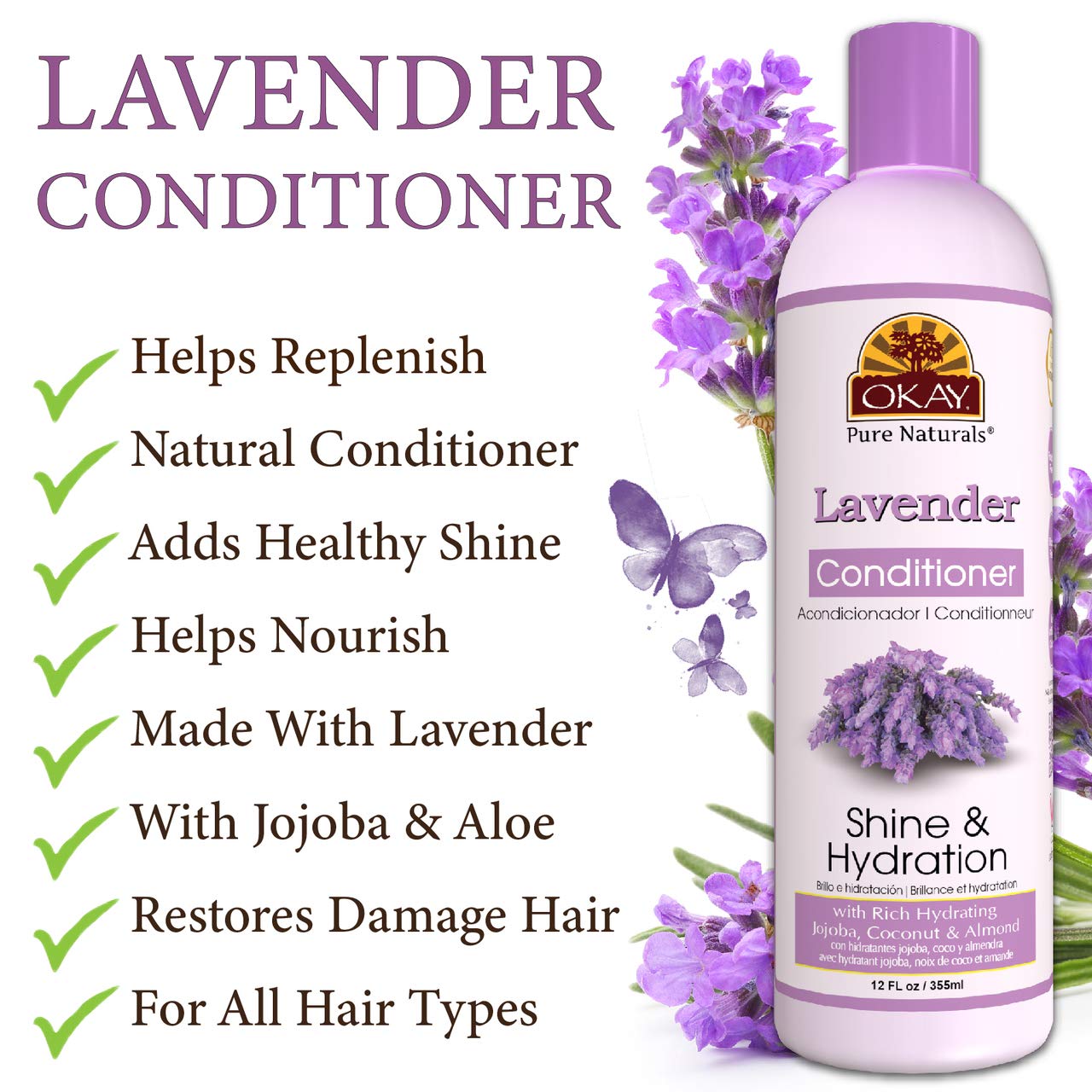 Okay Lavender Shine&Hydration Conditioner Helps Replenish,Nourish and Hydrate Hair Sulfate,Silicone,Paraben Free For All Hair Ty