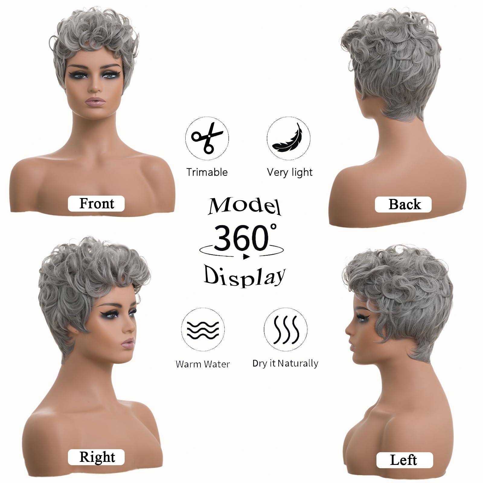 DOcute Pixie Cut Gray Wig for Black Women, Short Curly Fluffy Synthetic Hair, Average Size, Natural Wavy Design