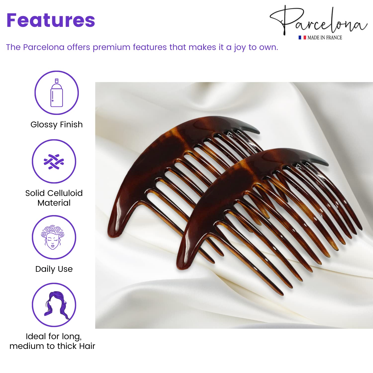 Parcelona French Tapered Edge Tortoise Shell Brown Large 5    Celluloid 11 Teeth Set Of 2 Side Hair Combs For Women And Girls