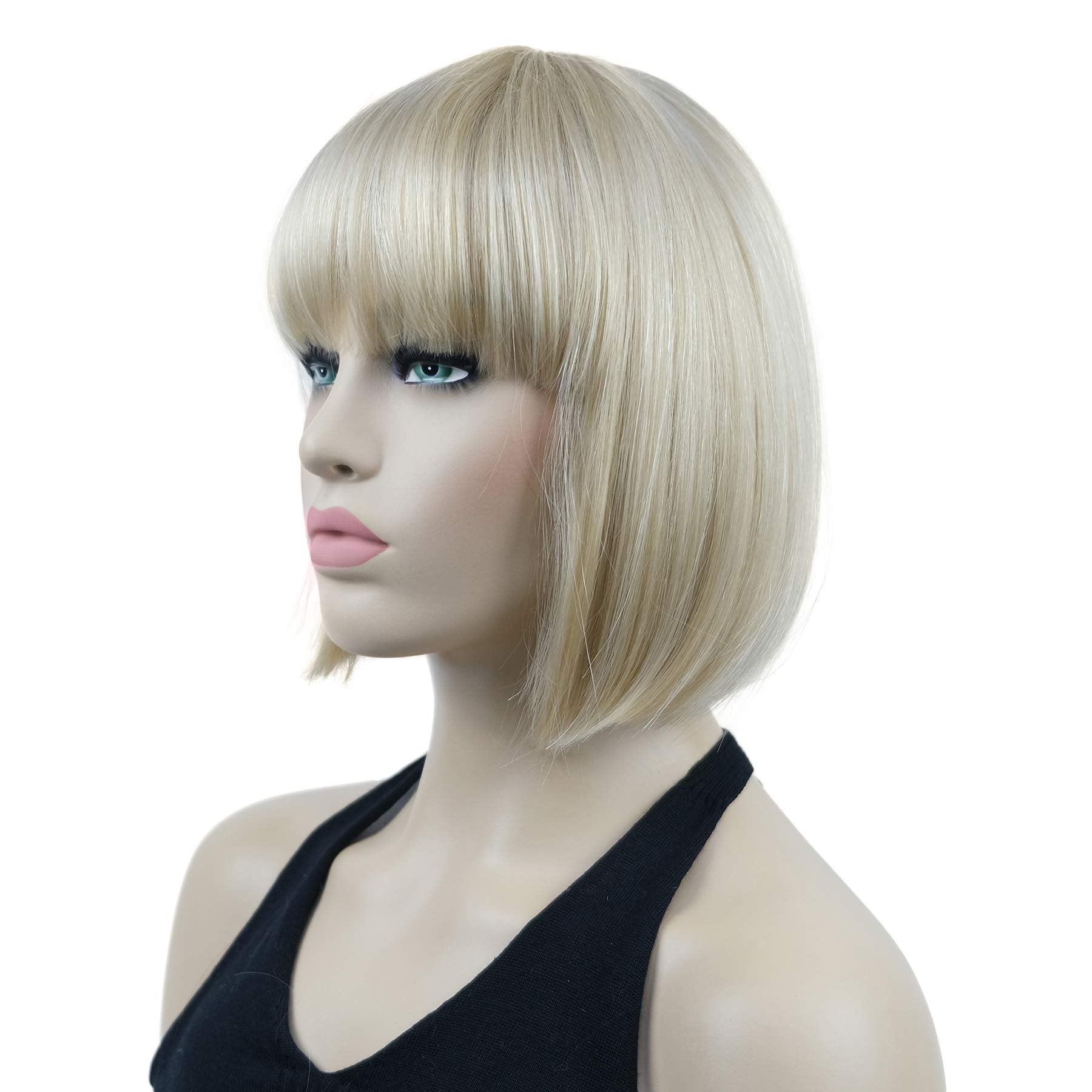 Lydell 8'' Straight Short Bob Hair Flat Bangs Cute Central Dot Skin Top Heat Resistant Synthetic Wigs (26 Bright Golden Blonde)
