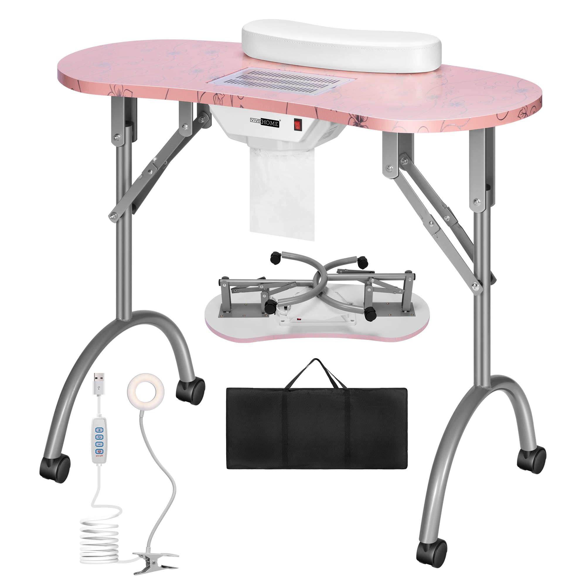 VIVOHOME Portable Manicure Nail Table on Wheels with Built-in Dust Collector, Updated USB-Plug LED Table Lamp, Carry Bag for Hom