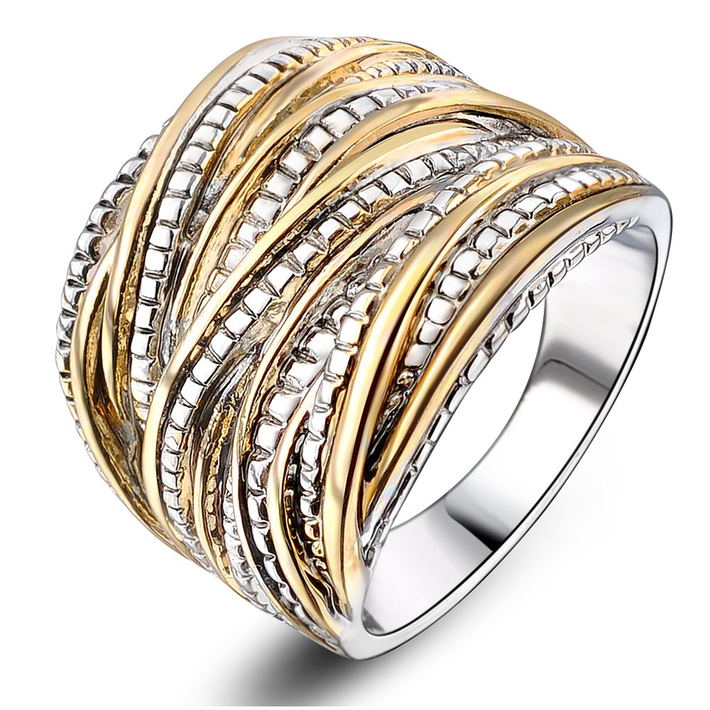 Mytys 2 Tone Intertwined Crossover Statement Ring Fashion Chunky Band Rings for Women Black Gold Silver Rose Gold Plated Wide Index Finger Rings Costume Jewelry (gold and silver size 12)