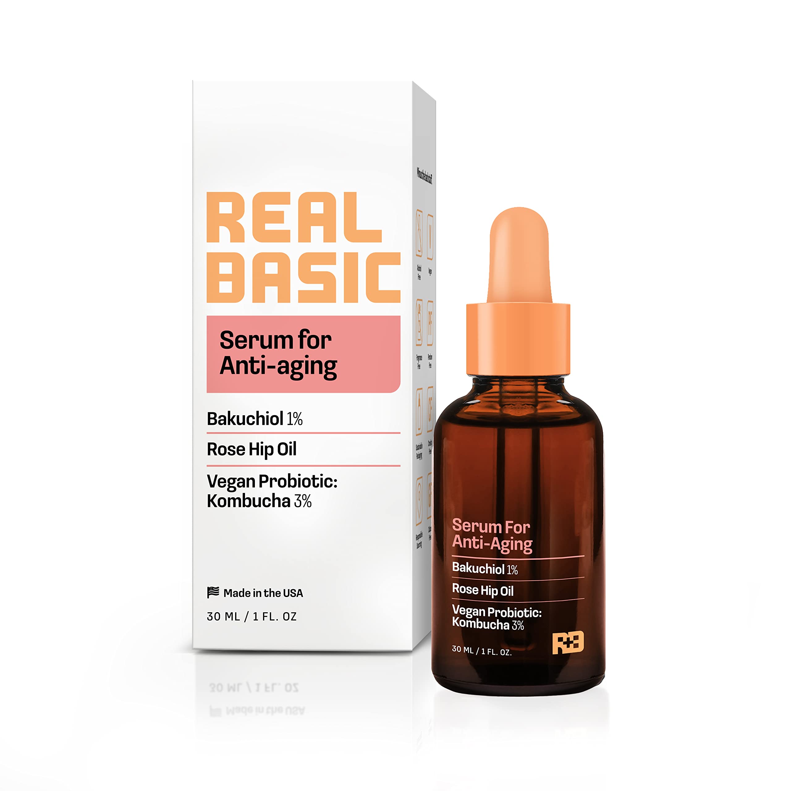Real Basic Serum for Anti-Aging with Bakuchiol, Rose Hip Oil and Vegan Probiotic Kombucha 1 oz. - Backuchiol Anti Aging Serum &