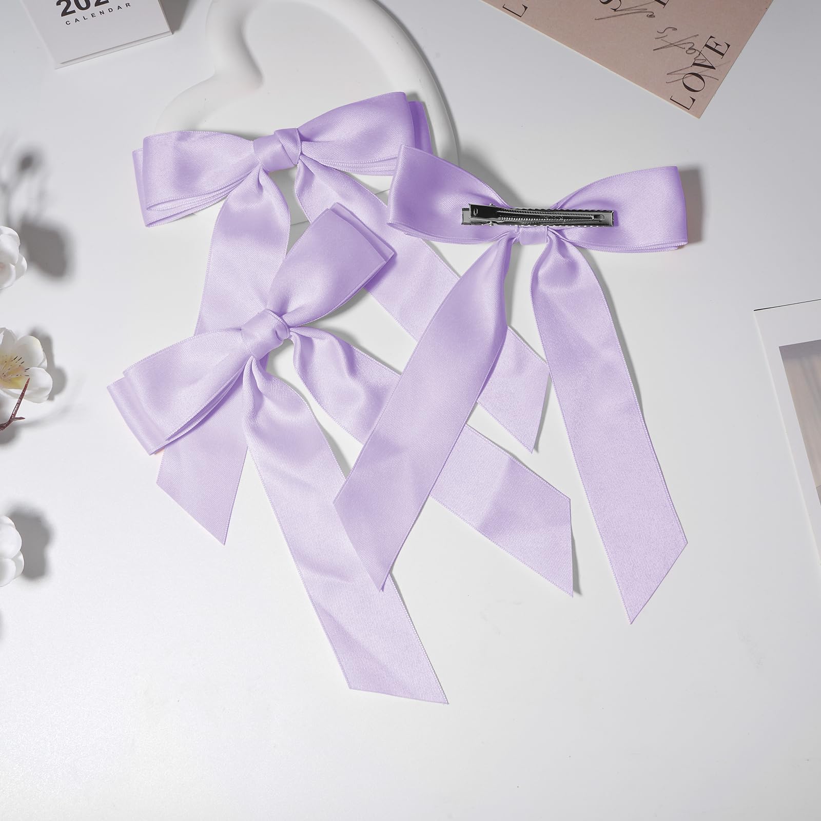 3Pcs Purple Hair Bows For Women Double-Layer Long Tail Bow Hair Clip Hair Ribbon Ponytail Holder Hair Accessories For Girls Todd