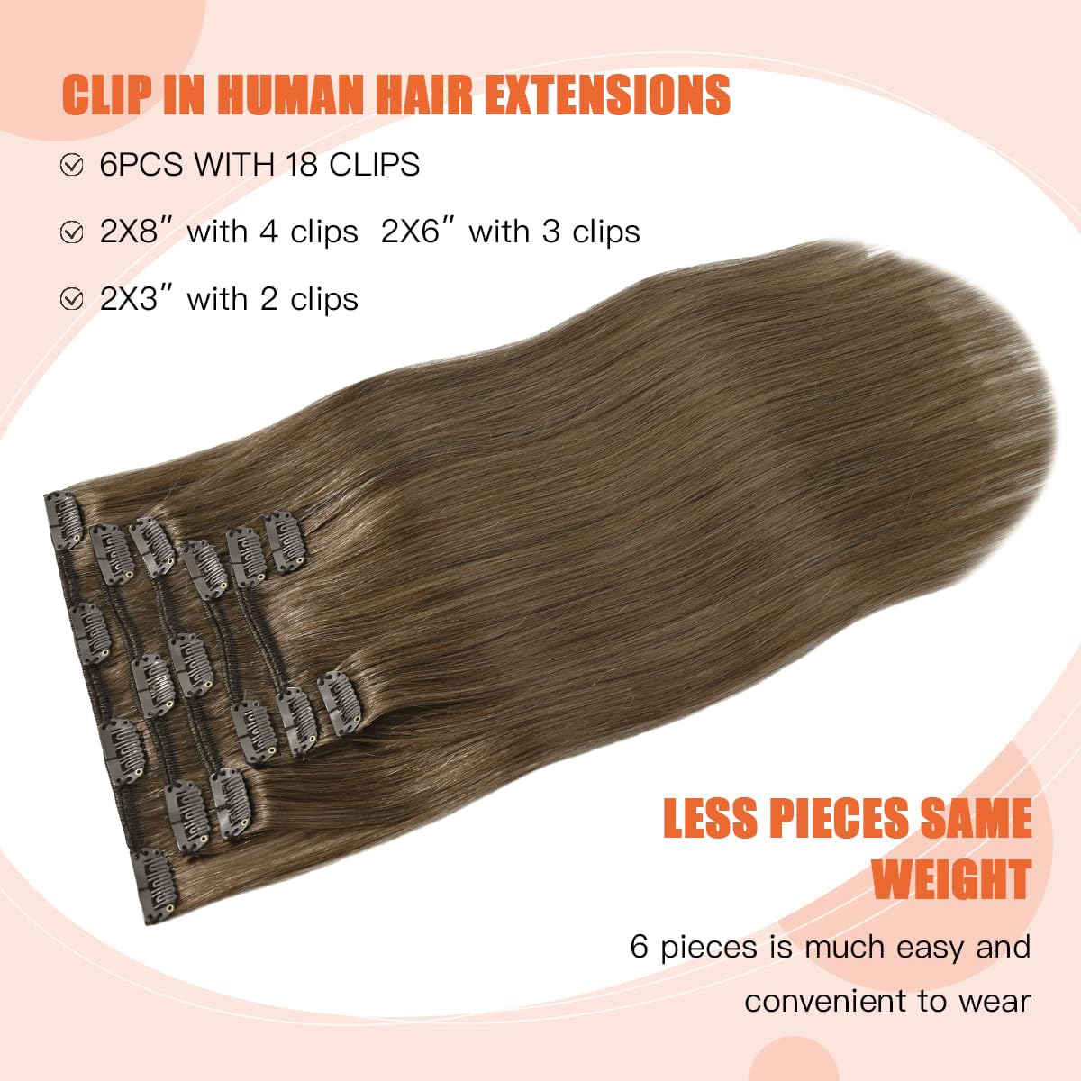 UGOTRAYS Ash Brown Clip in Hair Extensions Real Human Hair, 70G Remy Human Hair Clip in Extensions 15 Inches Soft Silky Straight