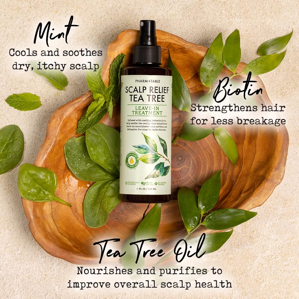 PHARM TO TABLE Scalp Relief Tea Tree Leave-In Conditioner, 240ml - Relieves Itchy Scalp, Detangles Hair, Multi Color