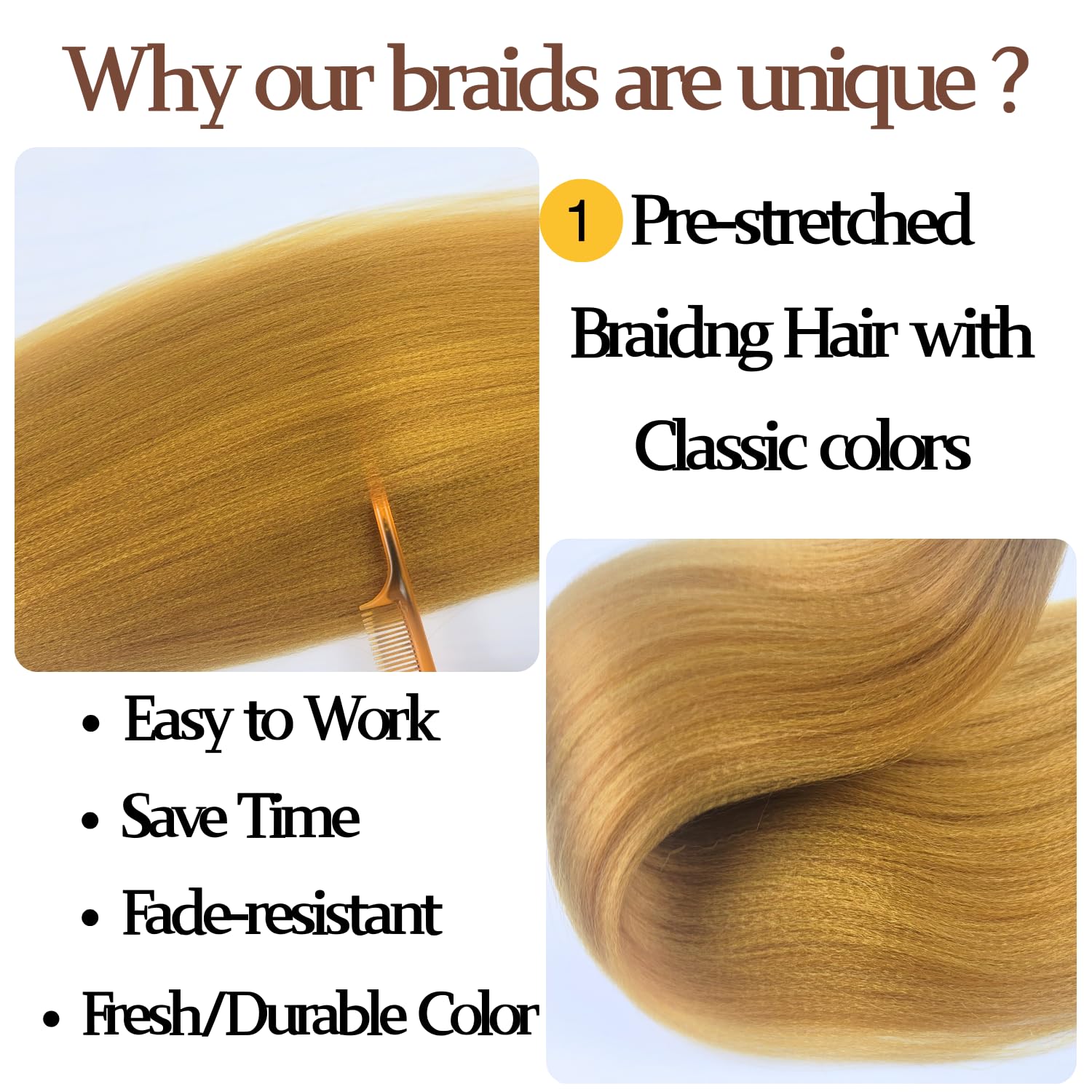 Gold Pre-stretched Braiding Hair Hypoallergenic ez Braid Pre stretched Braiding Hair Extensions for Knotless Box Braids 3 Packs