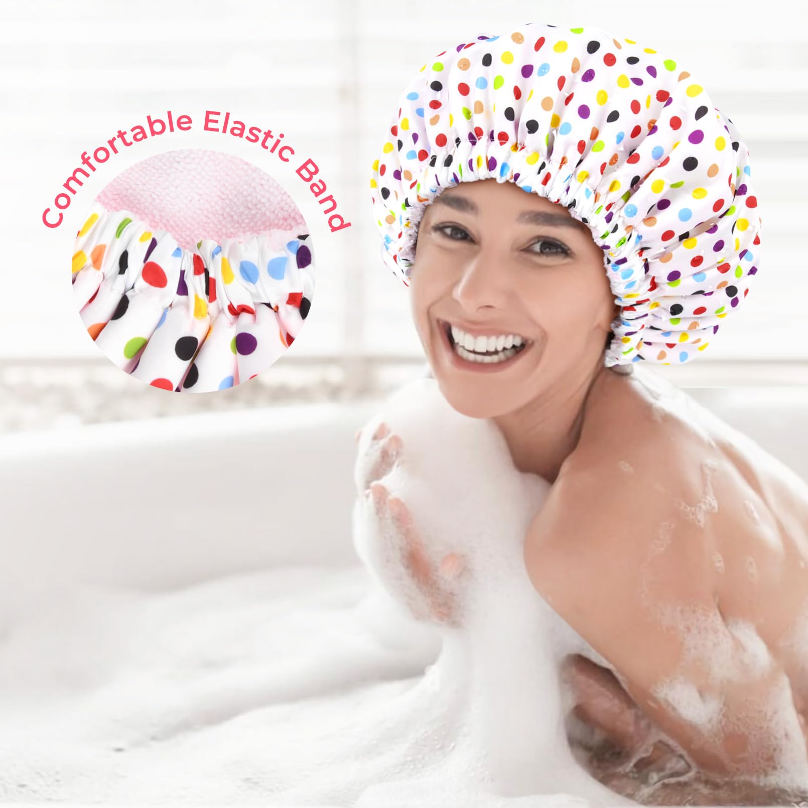Shower Cap For Women Terry Lined Bath Cap Large Reusable Waterproof Elastic Band Pink Point Shower Caps For Long Thick Hair Soft