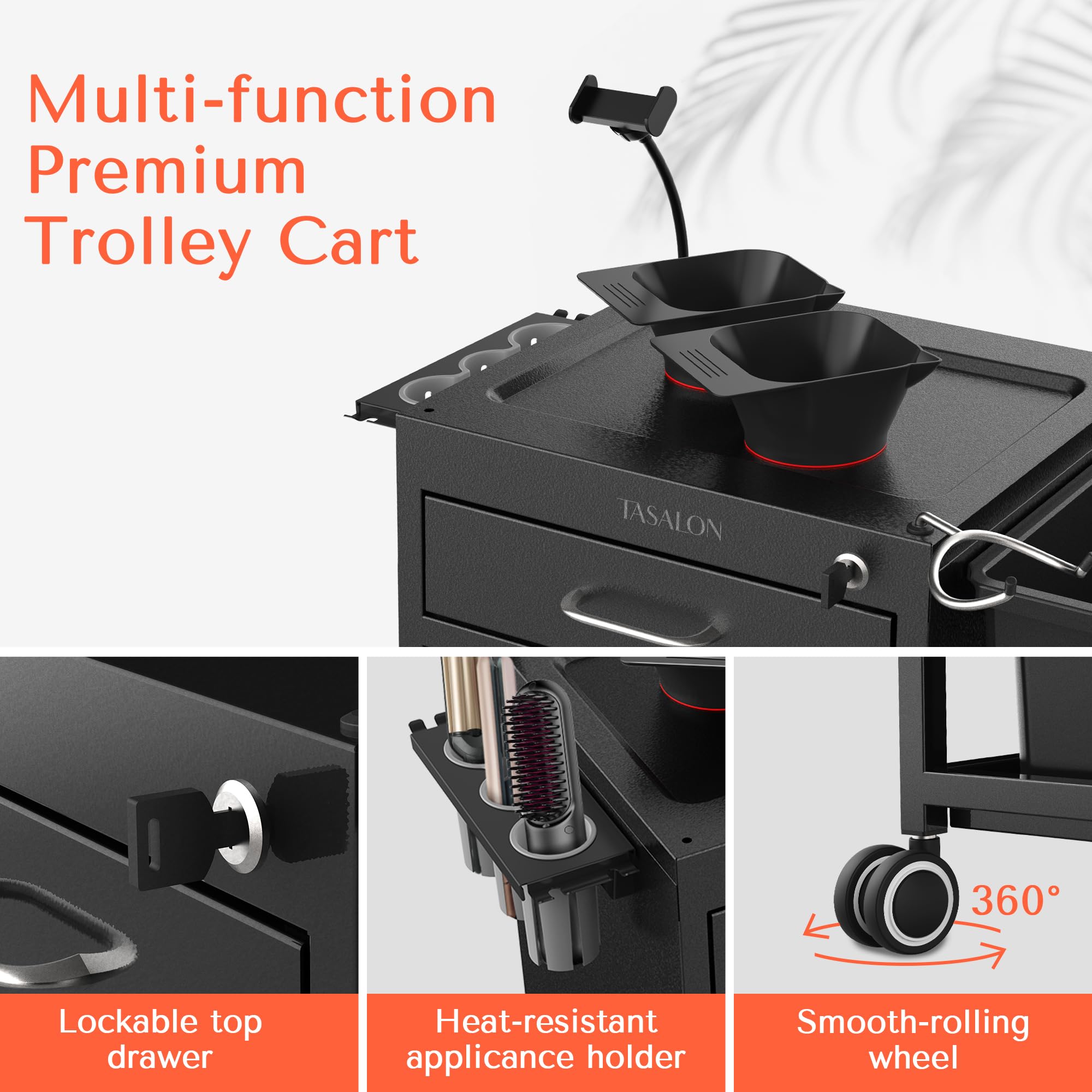 Tasalon New Upgrade Salon Metal Trolley Cart For Salon Station - Space Saving Salon Rolling Cart With 2 Magnetic Bowls- Beauty C