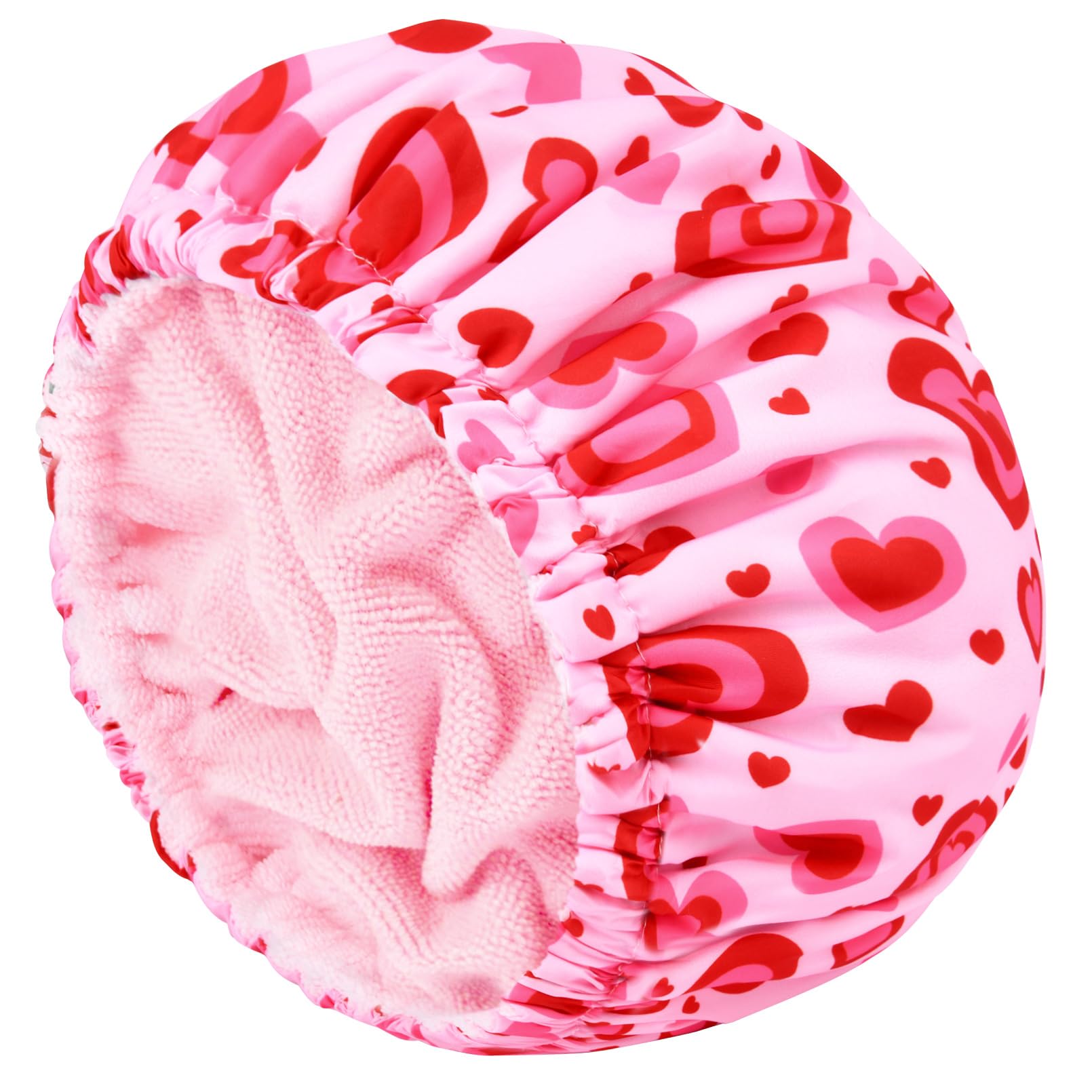 Shower Cap For Women Terry Lined Bath Cap Large Reusable Waterproof Elastic Band Pink Love Shower Caps For Long Thick Hair Soft