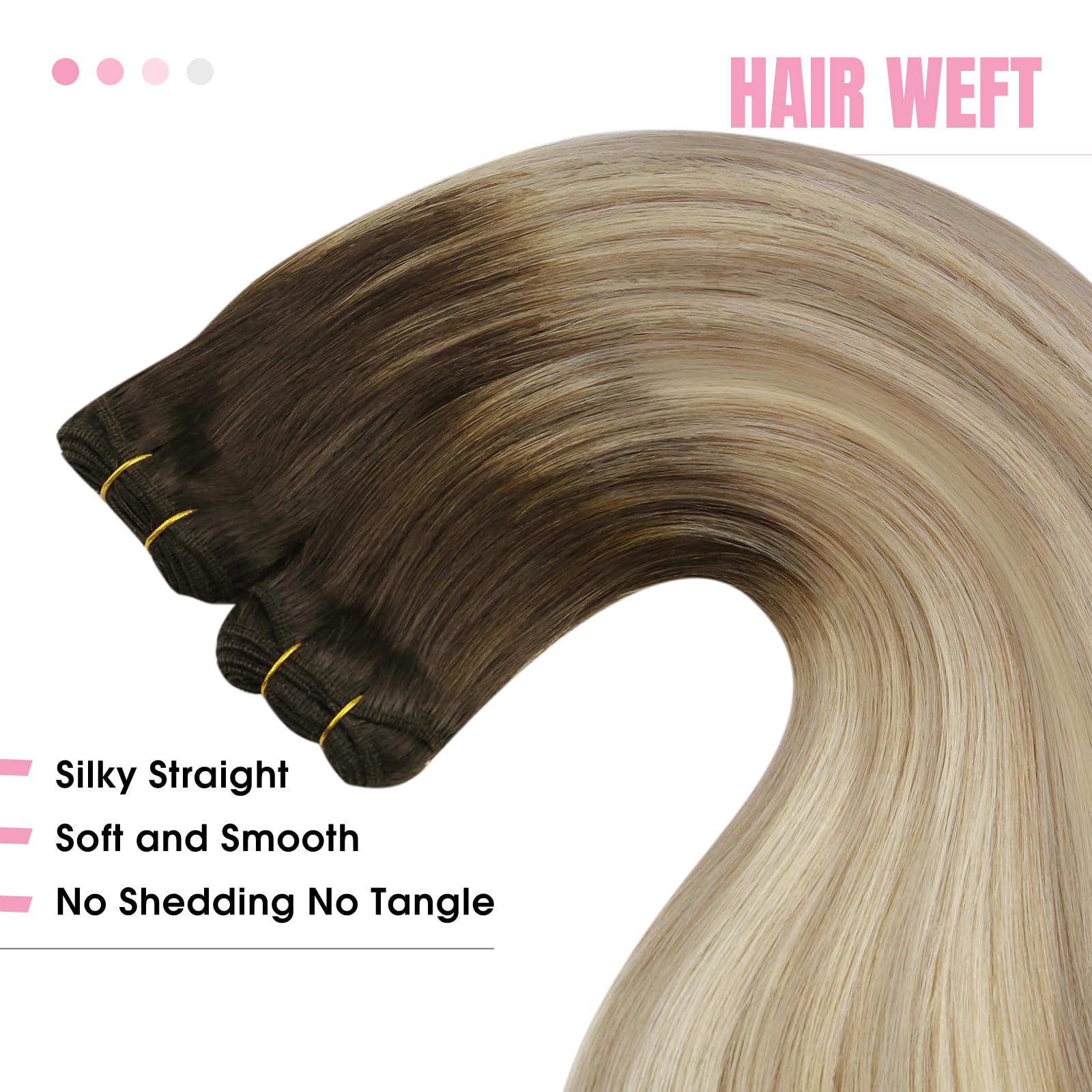 YoungSee Sew in Hair Extensions Real Human Hair Ombre Blonde Weft Human Hair Extensions Dark Brown Base with Medium Ash Blonde a