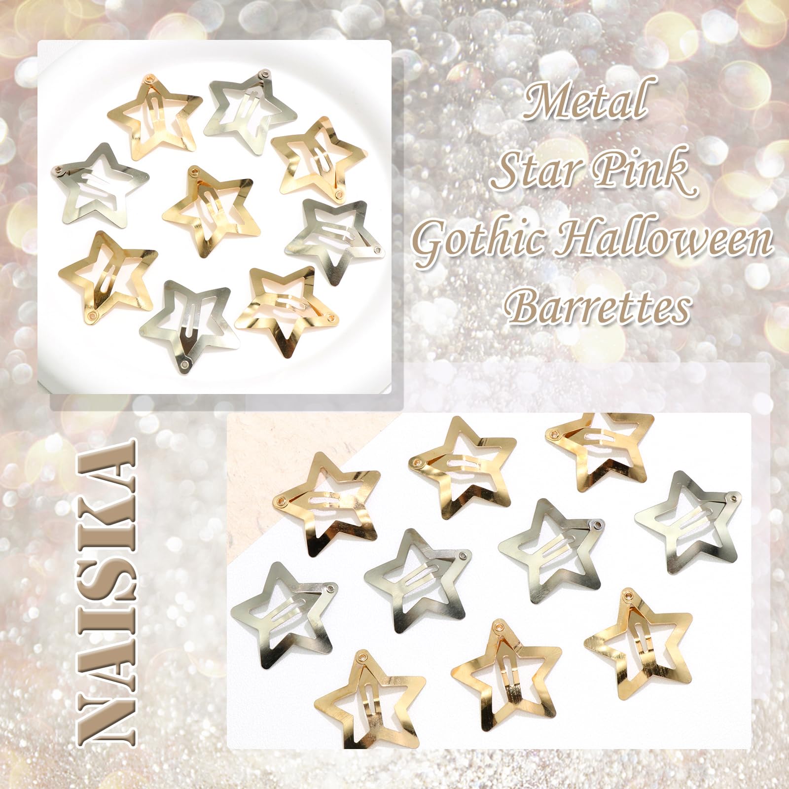 Naiska Gold&Silver Star Hair Clips 20Pcs Snap Star Hair Accessories Non Slip Star Clips 2000S Y2K Accessories Metal Alloy Star H