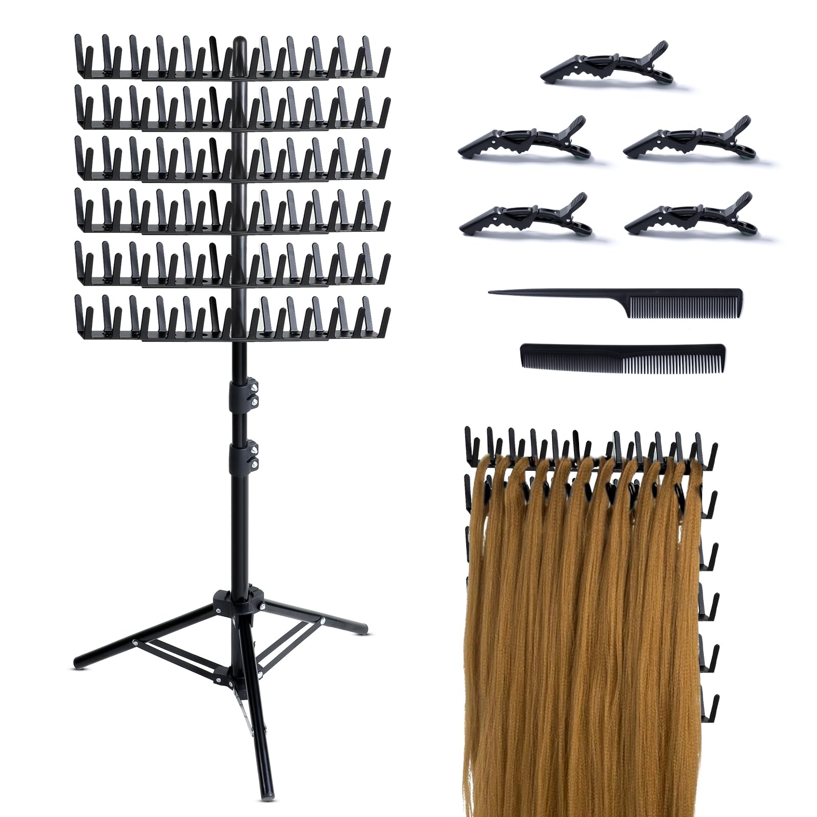 Eastdone Braiding Hair Rack Standing Hair Extension Holder Hanger, 144 Pegs Hair Divider Rack for Braiding Hair Separator Stand 