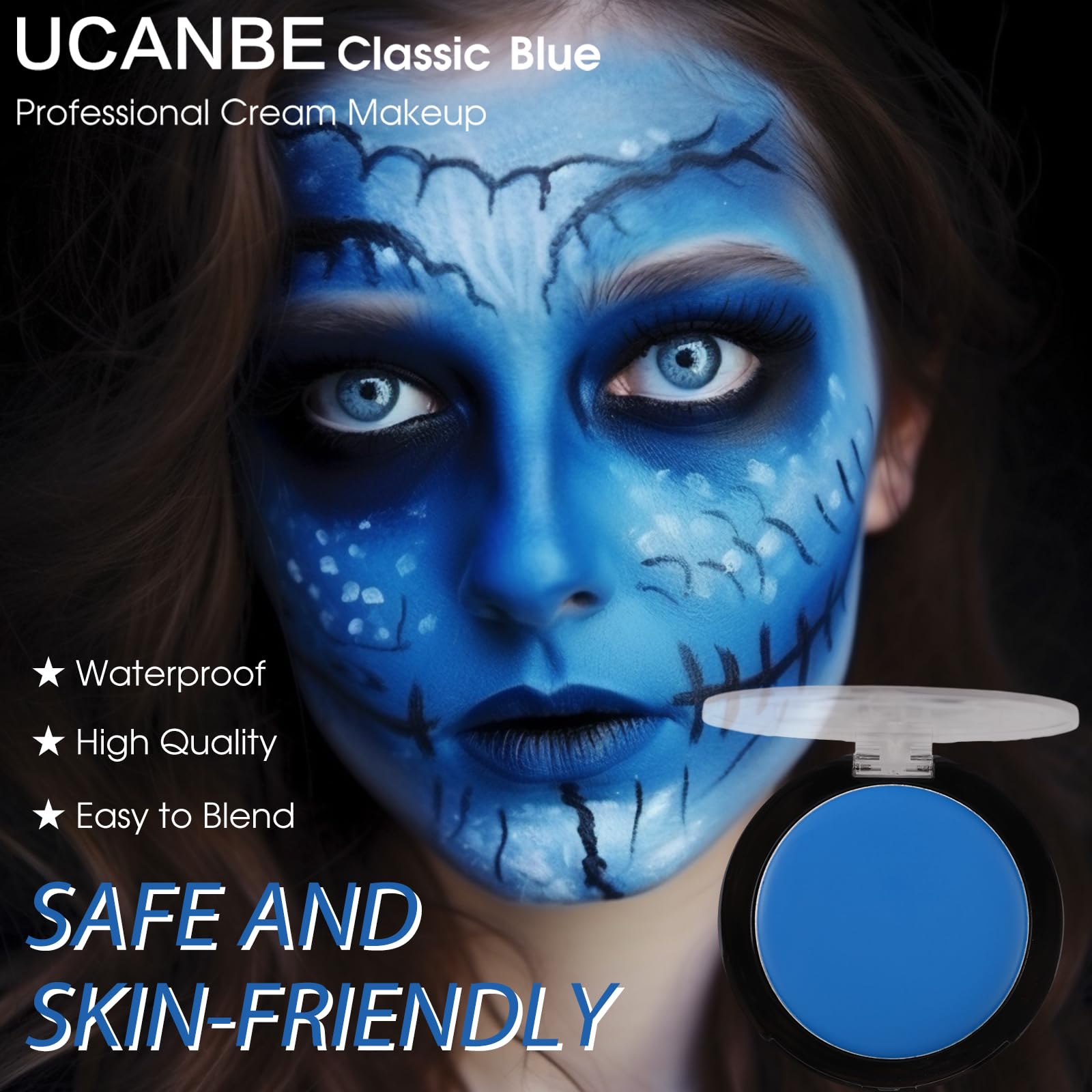 Ucanbe Blue Face Body Paint Makeup Foundation, Professional Non-Toxic Greasepaint Palette For Kids & Adults Party, Cream Facepai