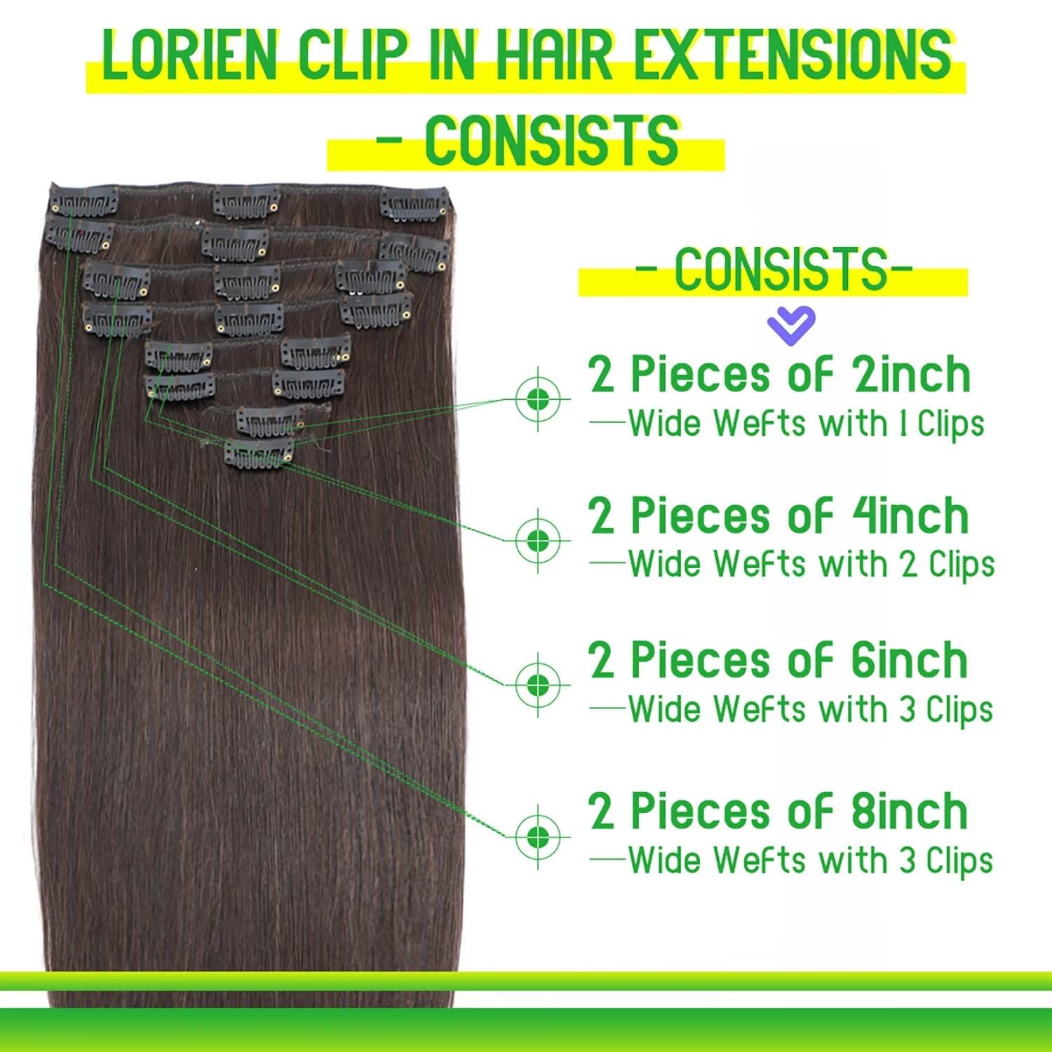 Lorien Clip In Hair Extensions Real Human Hair, 22 Inch 110G, 2 Darkest Brown, Clip In 100% Brazilian Remy Human Hair Extensions