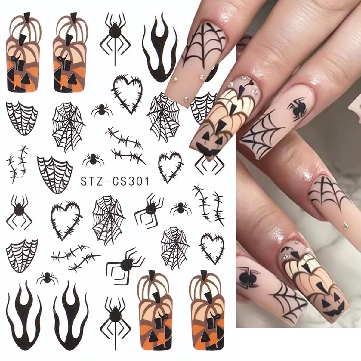 3D Halloween Nail Stickers For Nail Art, 6Pcs Spider Web Ghost Pumpkin Halloween Design Nail Decals Blood Spider Skull Nail Adhe
