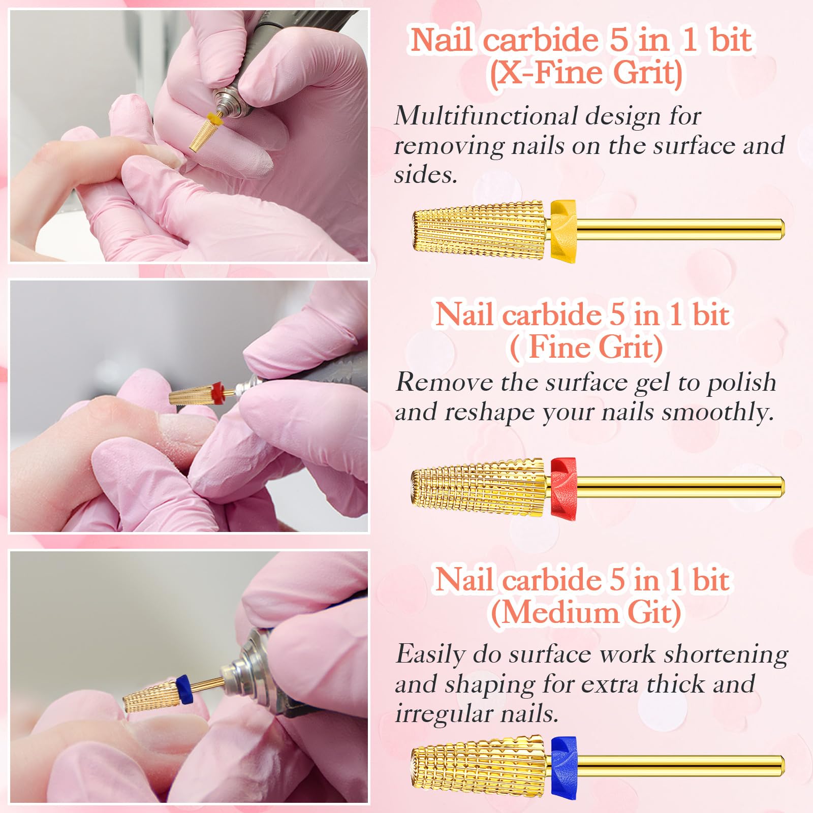 Honoson 3 Pcs Carbide 5 in 1 Nail Drill Bit Set Two Way Rotate Use for Both Left and Right Handed
