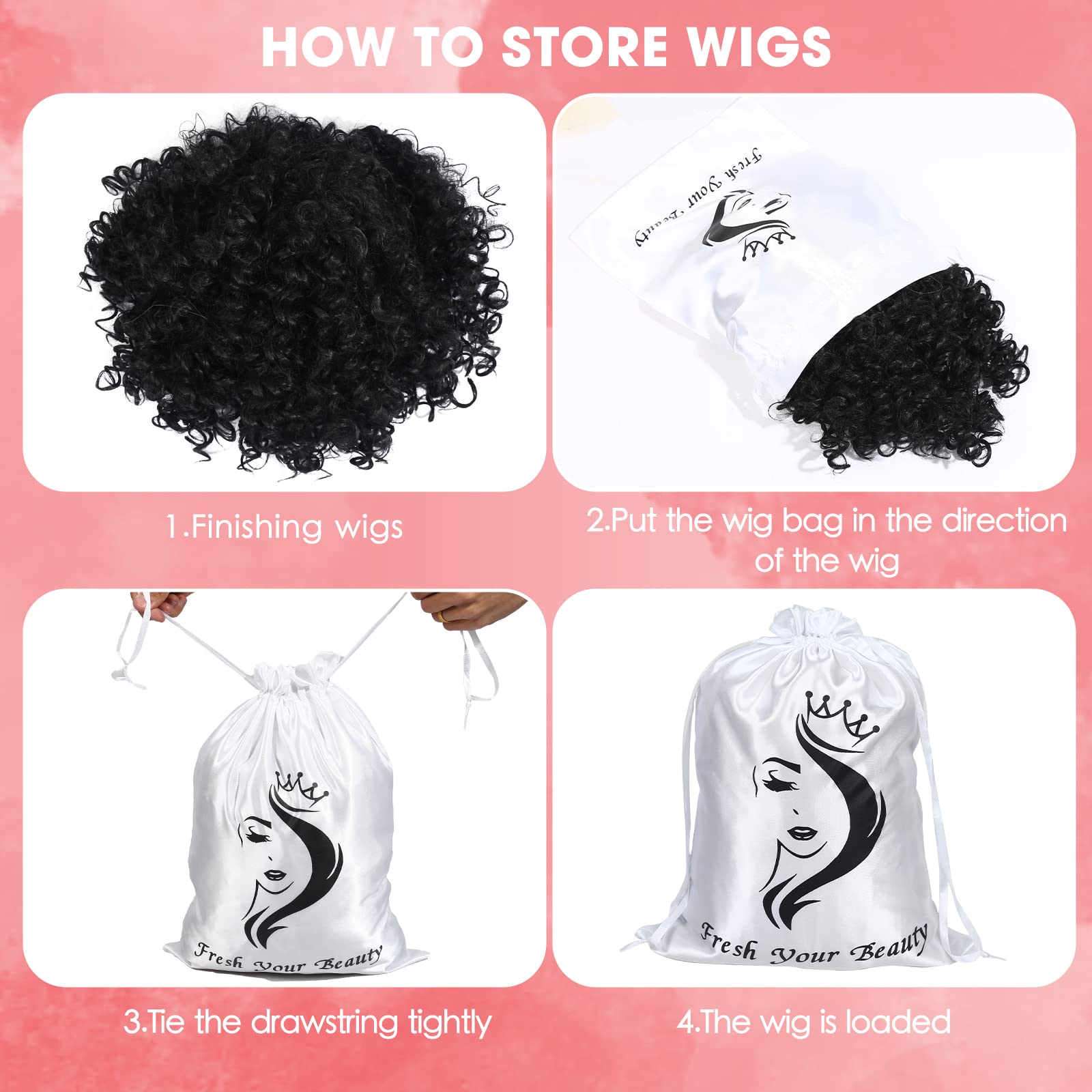 AliLeader 6 Pcs Silk/Satin Wig Storage Bags, Drawstring Travel Bag for Bundles,Wigs,Hair Extensions,Gift(White, Pink)