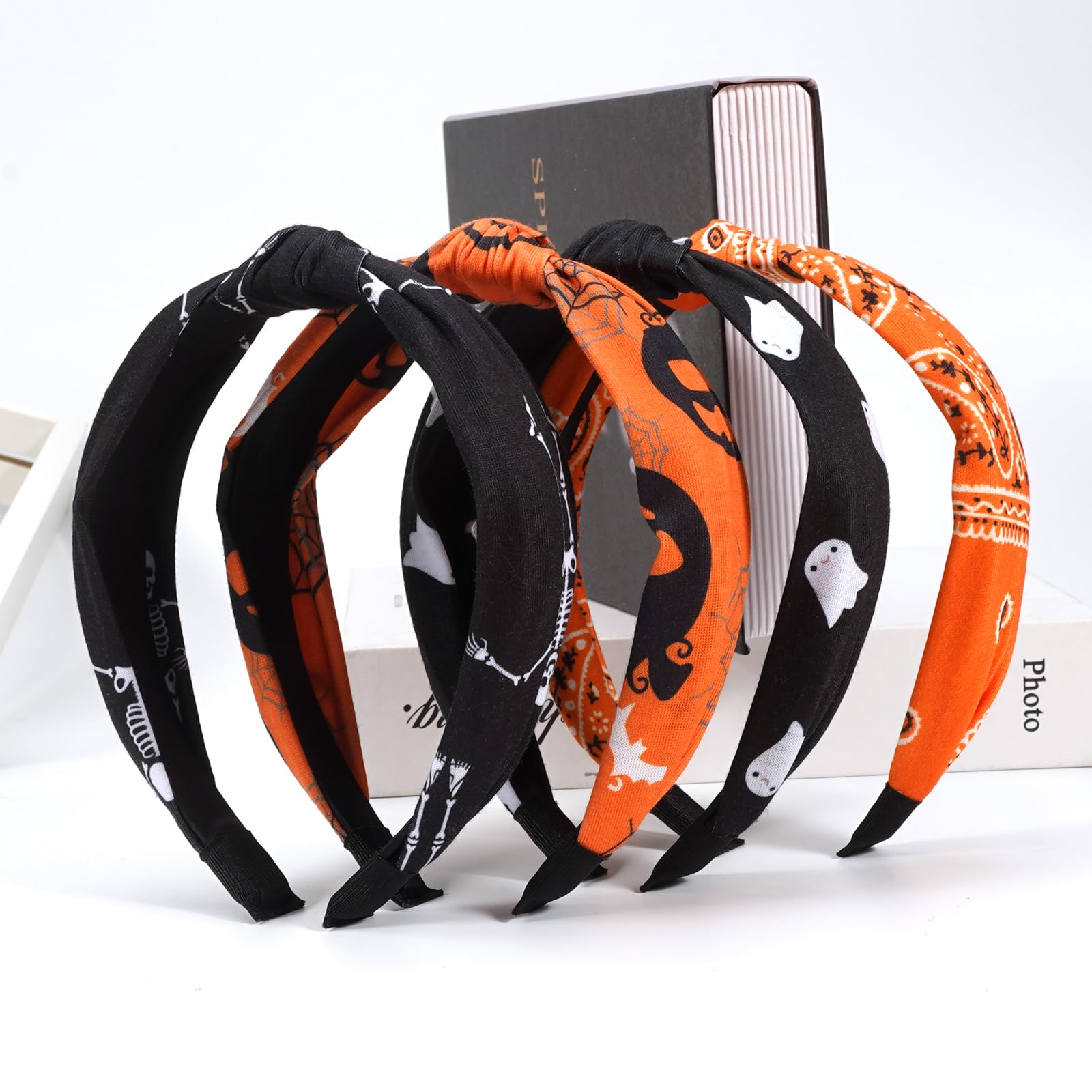 Bookay 4pcs Halloween Headbands Skeleton Skull Ghost Pumpkin Wide Knot Heabdands for Women Girls Orange Bandana Hairbands Fall H