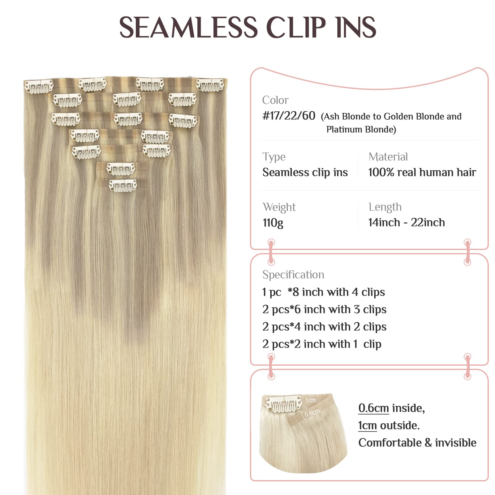 Hair Extensions Clip In Human Hair, 110G 7Pcs Balayage Ash Blonde To Golden Blonde And Platinum Blonde 16 Inch, Maxita Seamless
