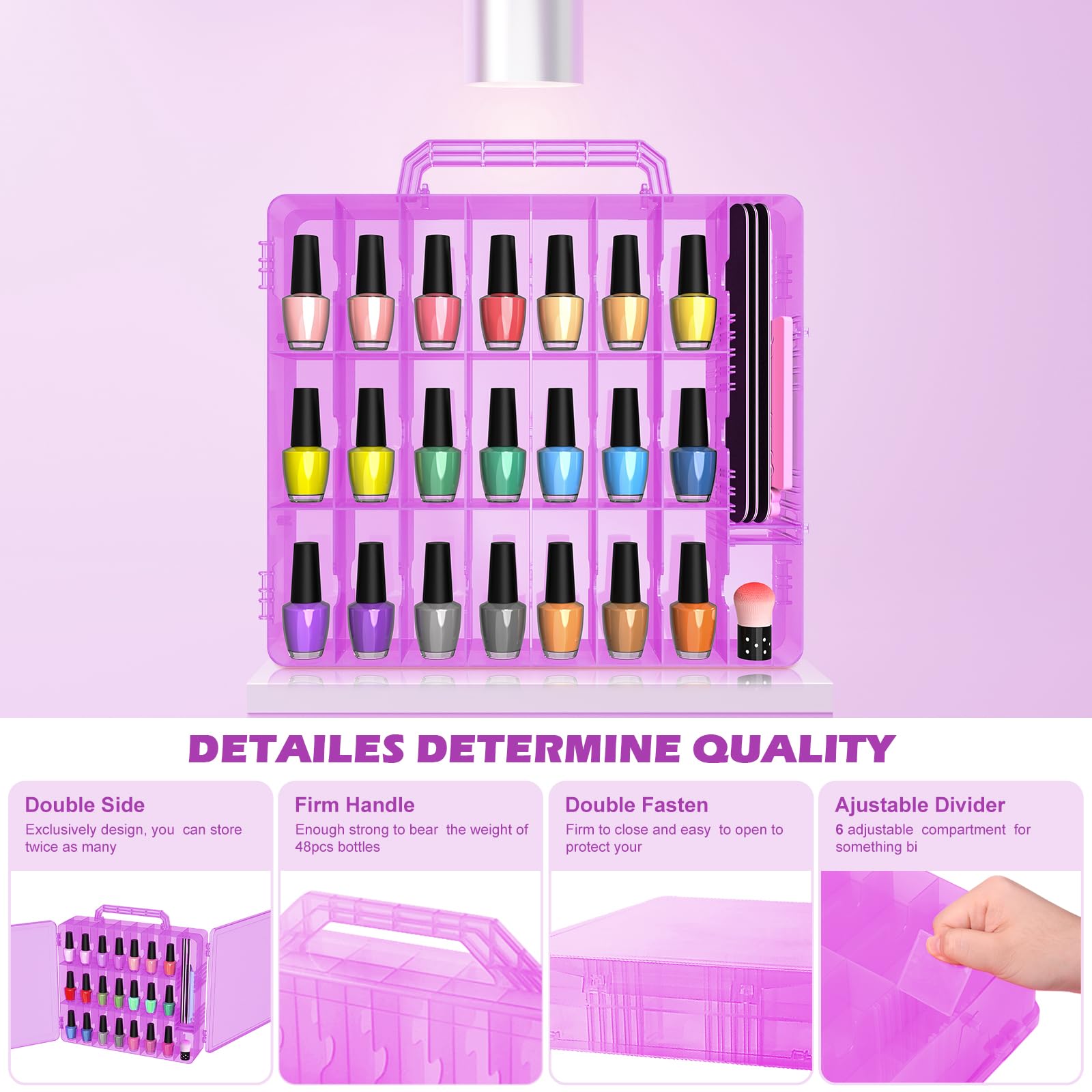Beloving Nail Polish Organizer Case For 48 Bottles Nail Polish Holder With Adjustable Divider, Gel Nail Polish Storage Double Si