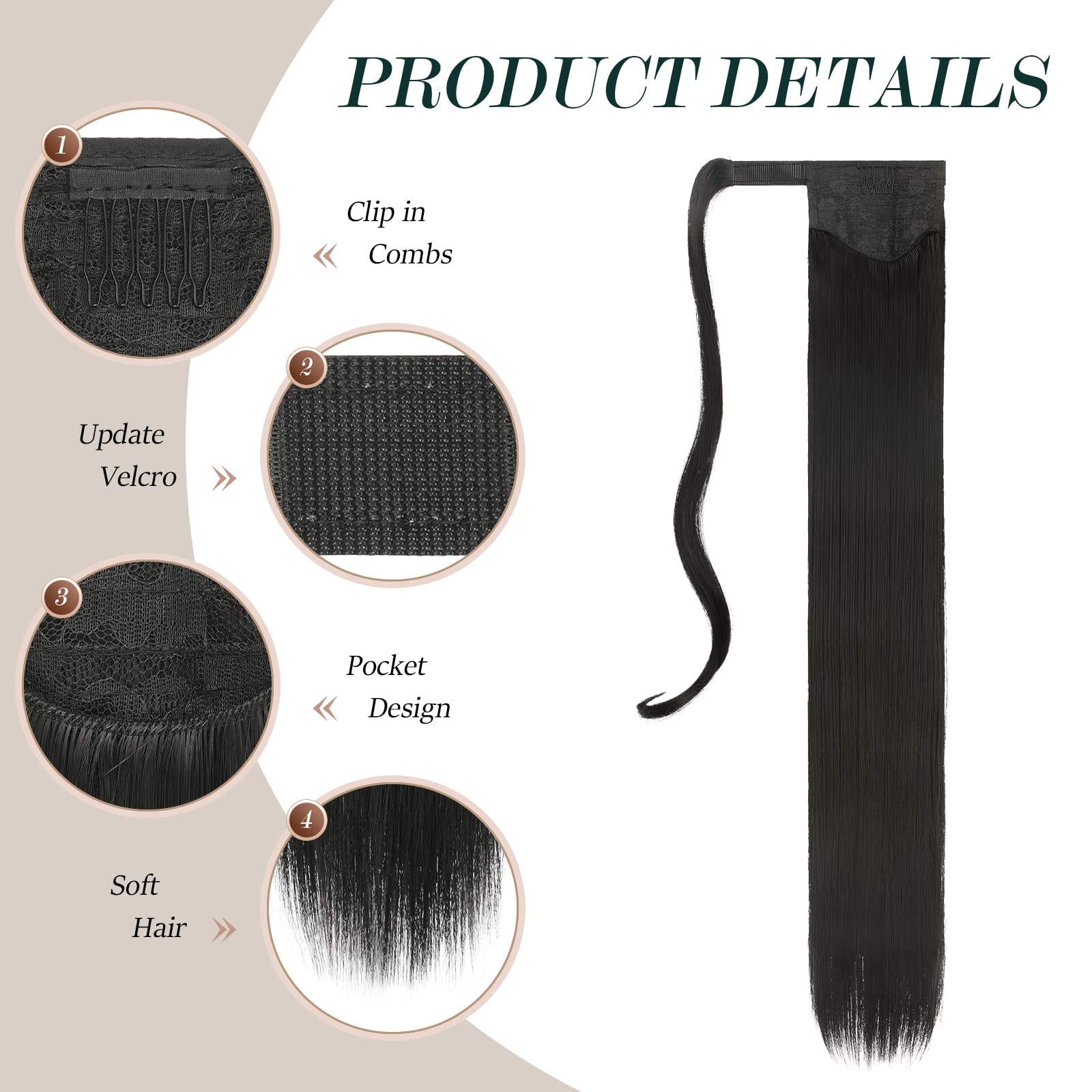 Feshfen Straight Long Ponytail Extensions 28 Inch Wrap Around Synthetic Off Black Ponytails Hair Piece Pony Tail Hair Extensions
