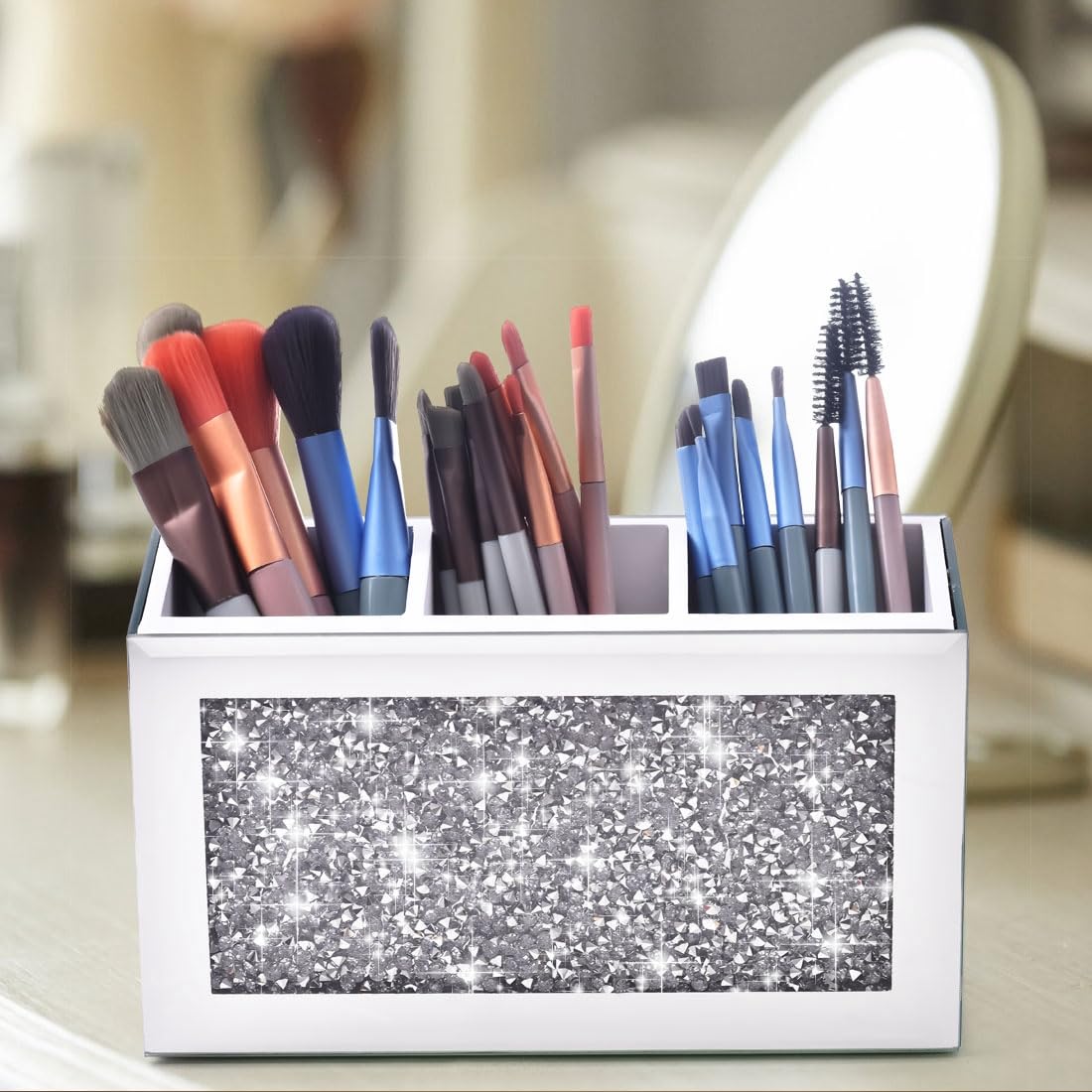 Amezey Mirrored Makeup Brush Holder Organizer, 3 Compartments Cosmetic Brush Storage Holders, Crushed Diamond Remote control hol