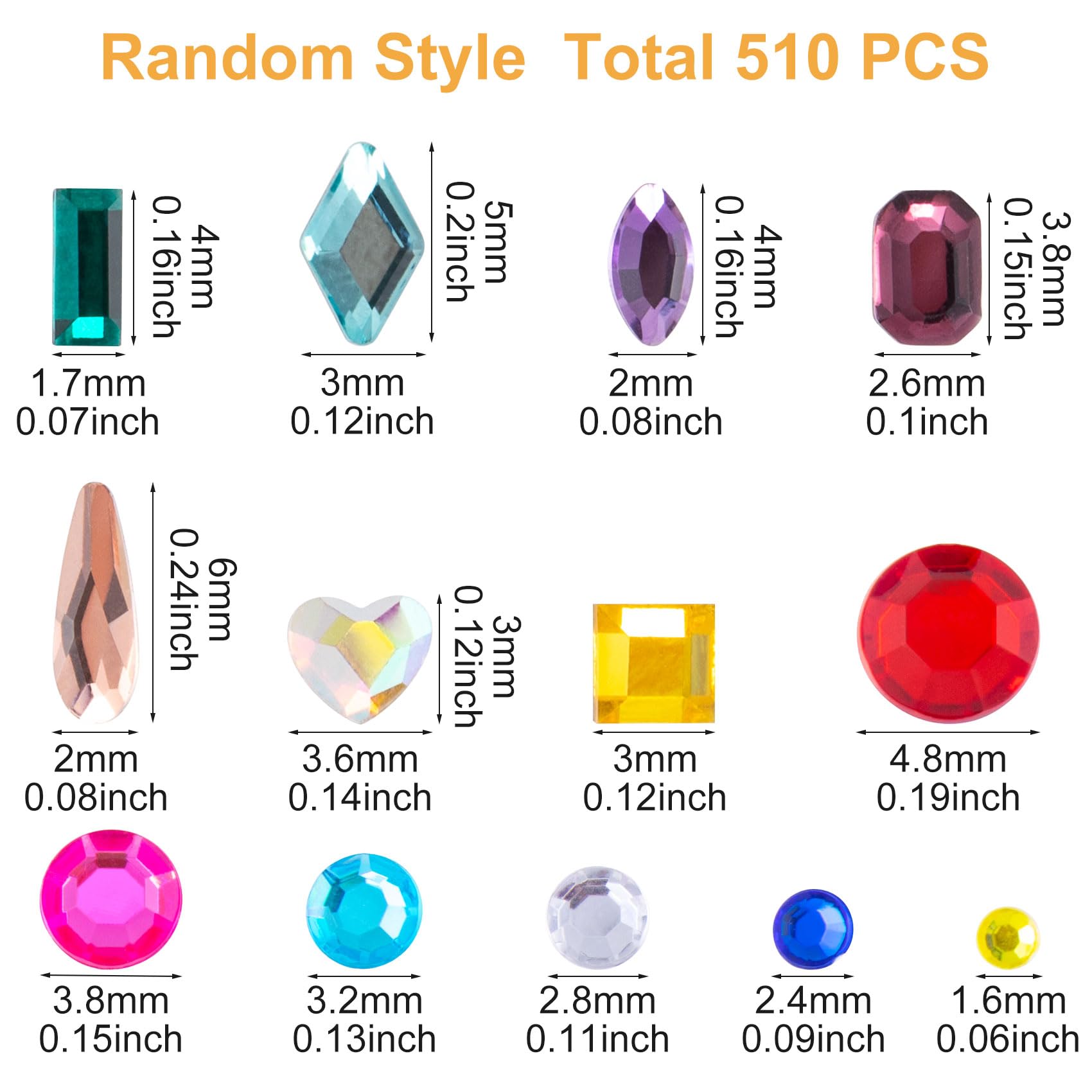 Hinzic 510Pcs Rhinestones Nail Art Charm, Flatback Gems Colorful Crystal Glass Jewels Halloween Face Clothes Shoes Decor Bead, M