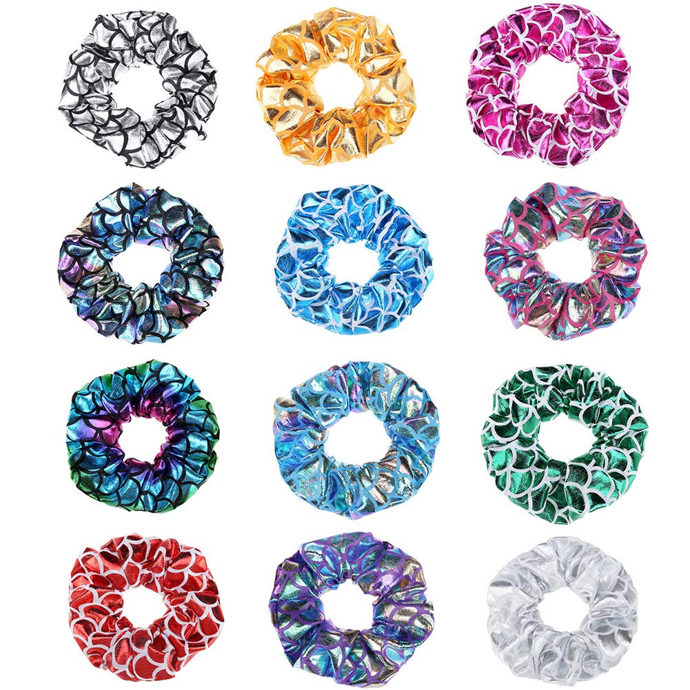 12 Pcs Hair Scrunchies Mermaid Fish Scale Hair Bands Scrunchy Hair Ties Hair Ropes Ponytail Holder Hair Accessories for Women an