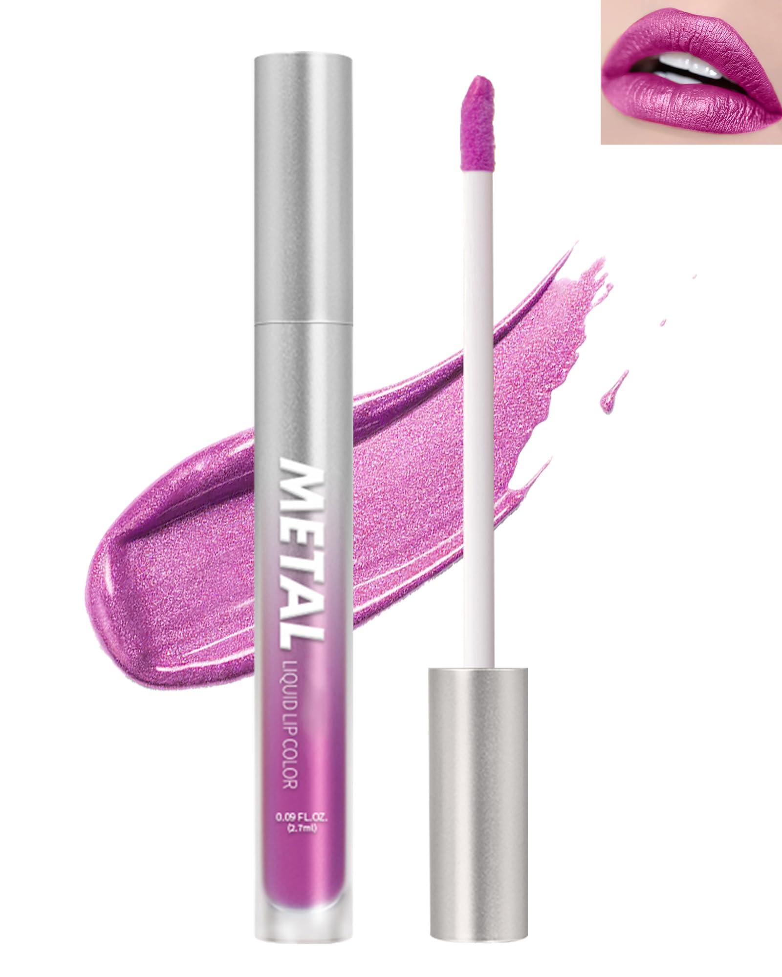 Metallic Lip Gloss Liquid Glitter Lipstick, Diamond Shimmer Pink Matte Lipstick Waterproof Long-Lasting, Transfer-Proof High Imp
