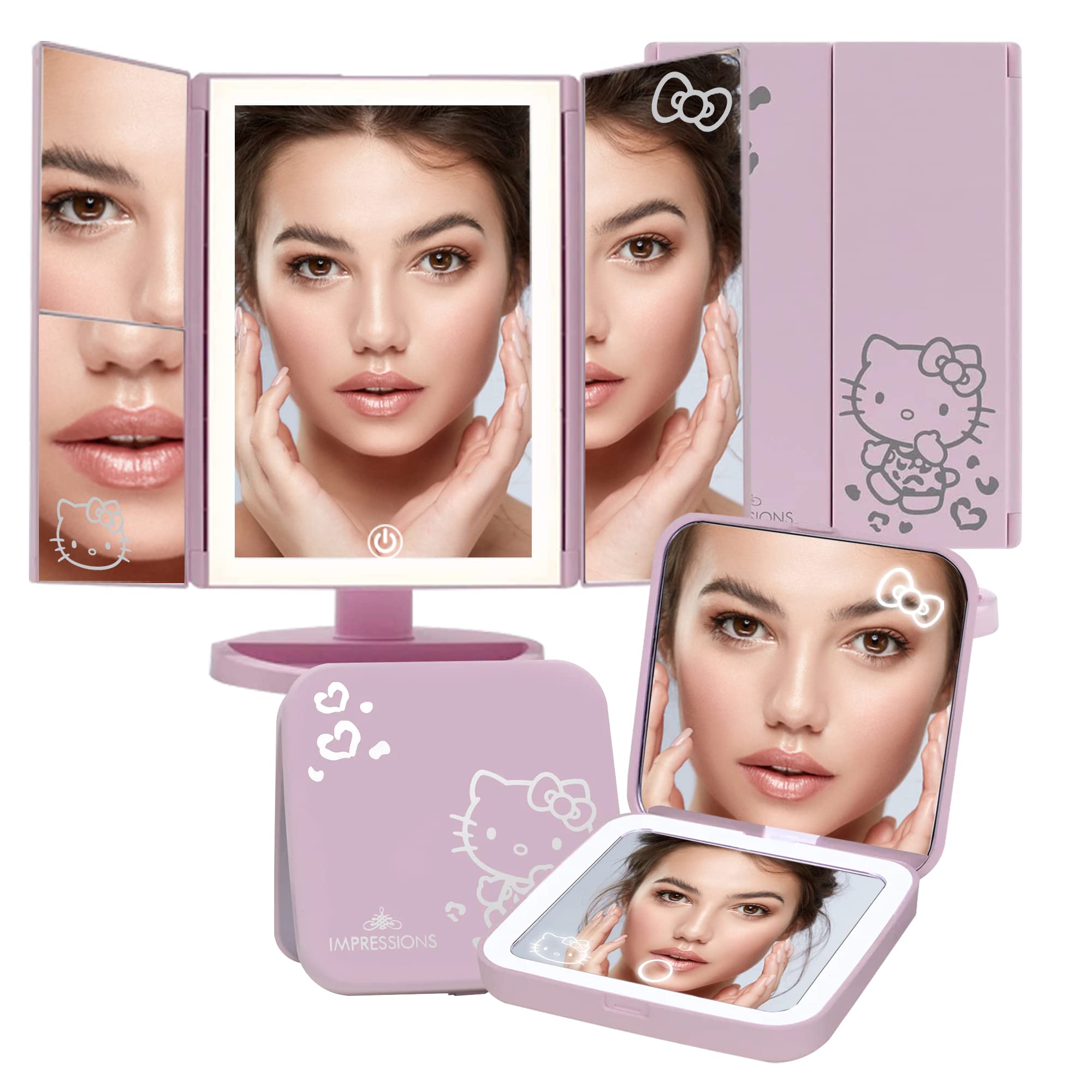 Impressions Vanity Hello Kitty Lighted Makeup Mirrors Bundle, Supercute Trifold And Compact Mirror With Led Lights, Magnificatio