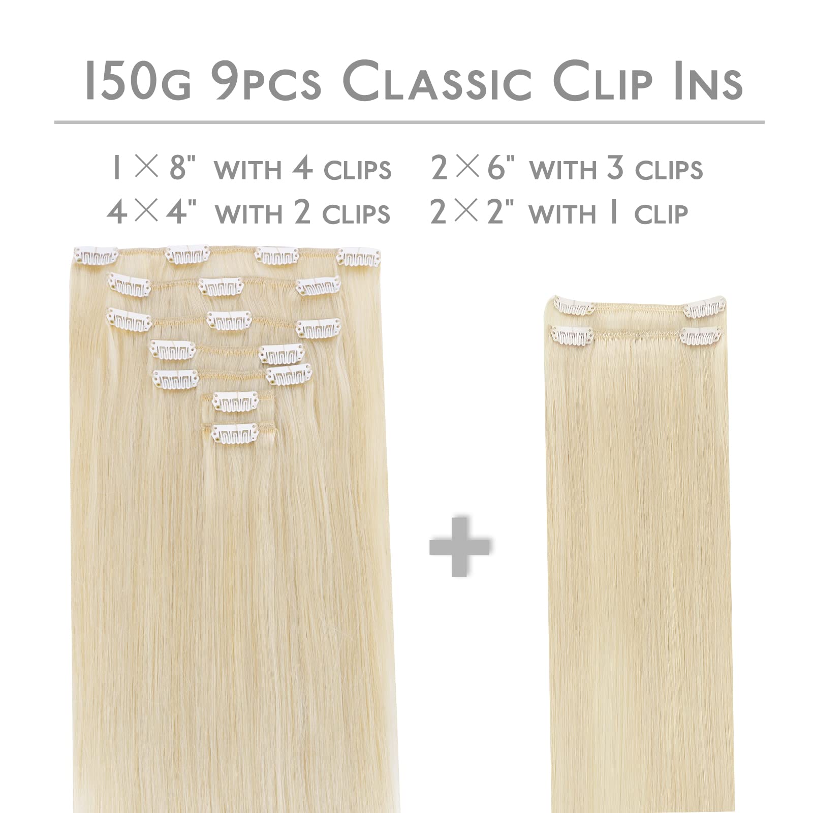 Wennalife Clip In Human Hair Extensions, 18 Inch 150G 9Pcs Clip In Hair Extensions Real Human Hair, Platinum Blonde Human Hair C