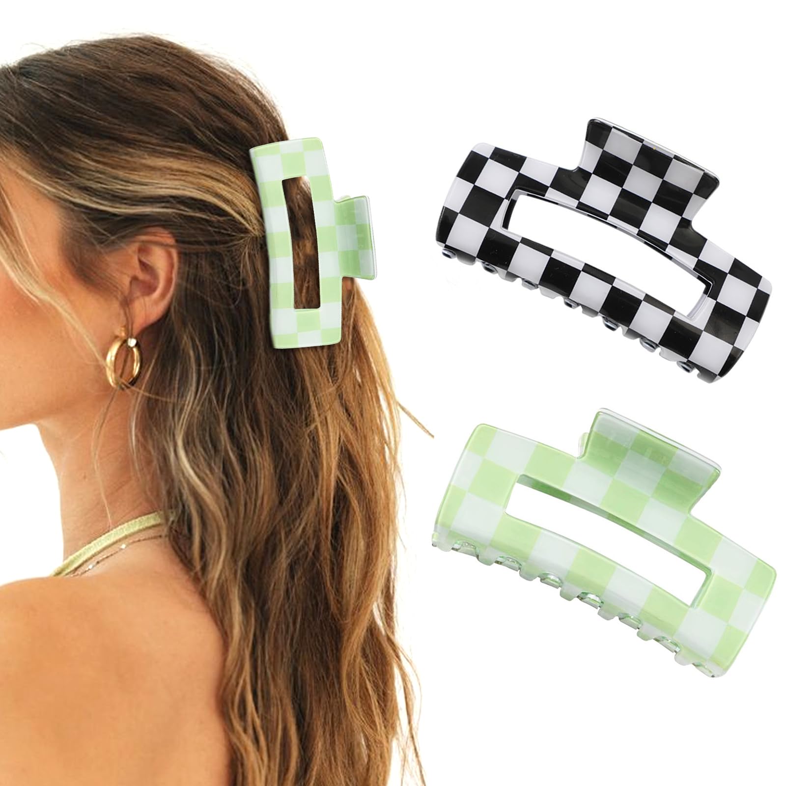 Paderison 2Pcs Checkered Rectangle Multicolored Claw Barrettes - Strong Hold Y2K Hair Accessories for Thin and Thick Hair (Green