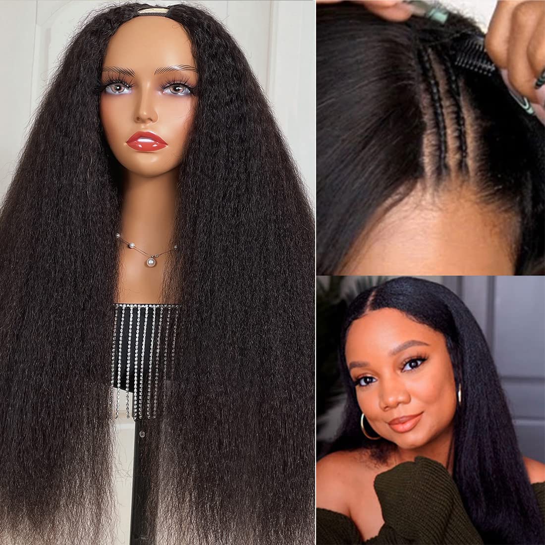 Nadula 10A V Part Kinky Straight Wig Human Hair No Leave Out Upgraded U Part Glueless Wigs For Women,Brazilian Yaki Straight V P