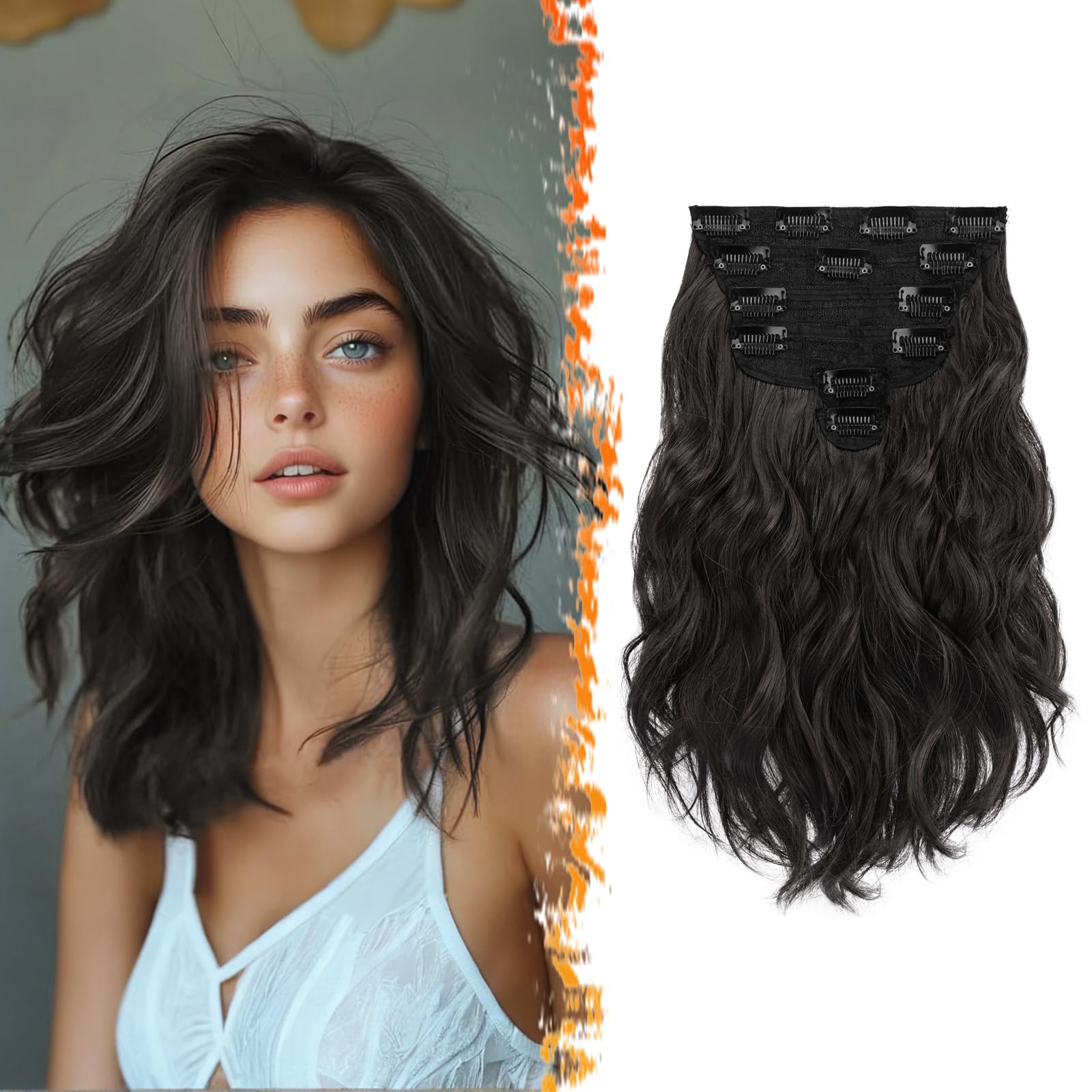 BARSDAR Black Brown Clip in Hair Extensions - 12 Inch Wavy Clip in Hair Extensions for Women - 6PCs Full Head Thick Soft Synthet