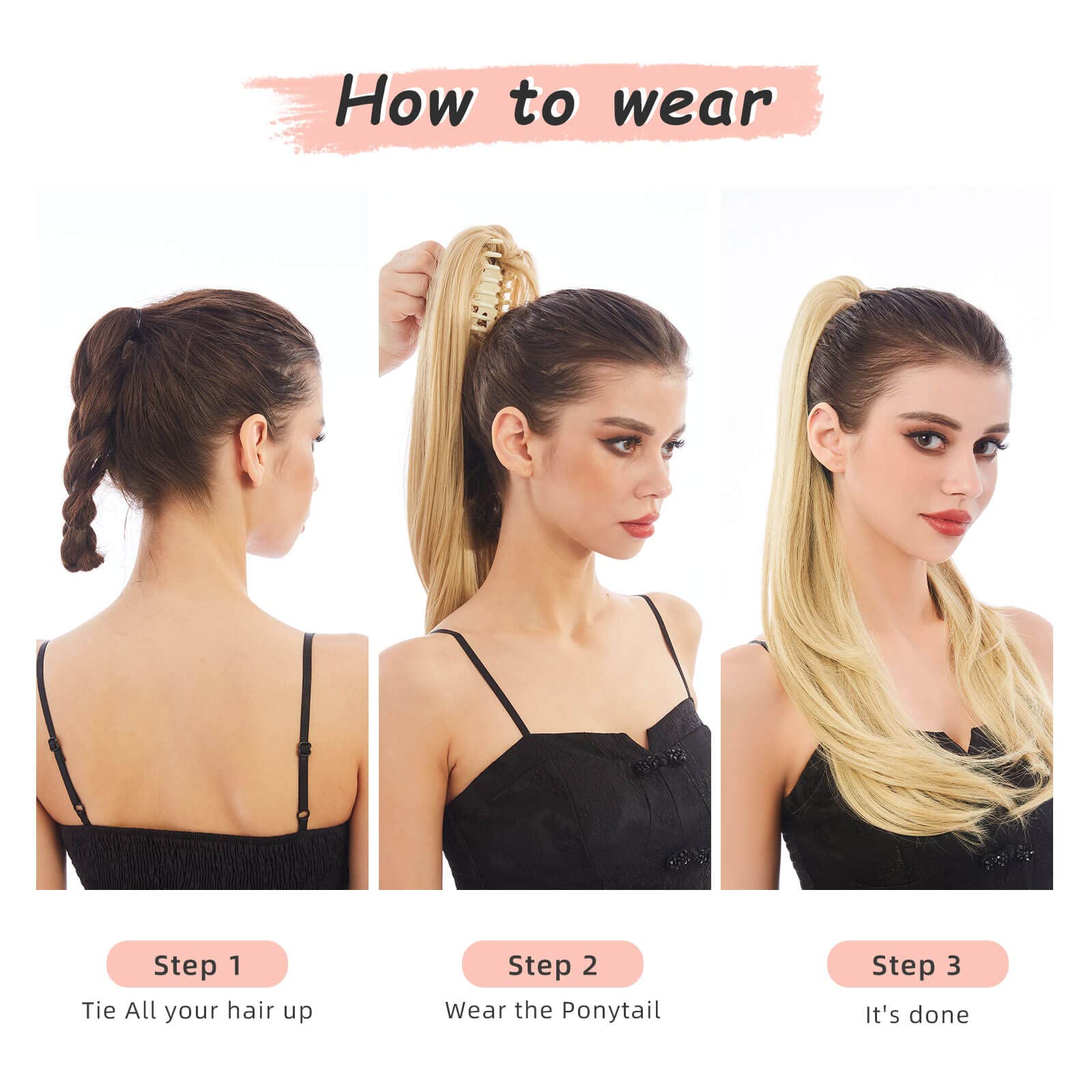 Heweicsy Ponytail Extension,Black Hair Extension Ponytail 22'' Long Claw Hair Extension Synthetic Wavy Straight Ponytail Clip In