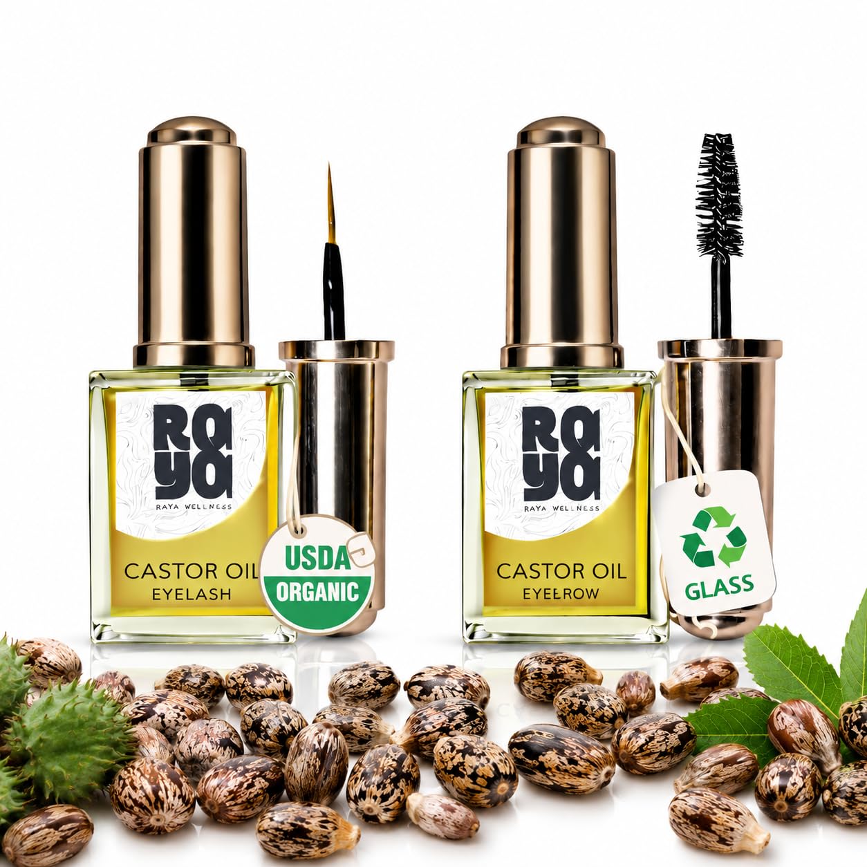 Raya Wellness  USDA Organic Castor Oil  Eyelash & Brow Growth Oil  10ml Twin Pack  Glass Bottles with Eyeliner