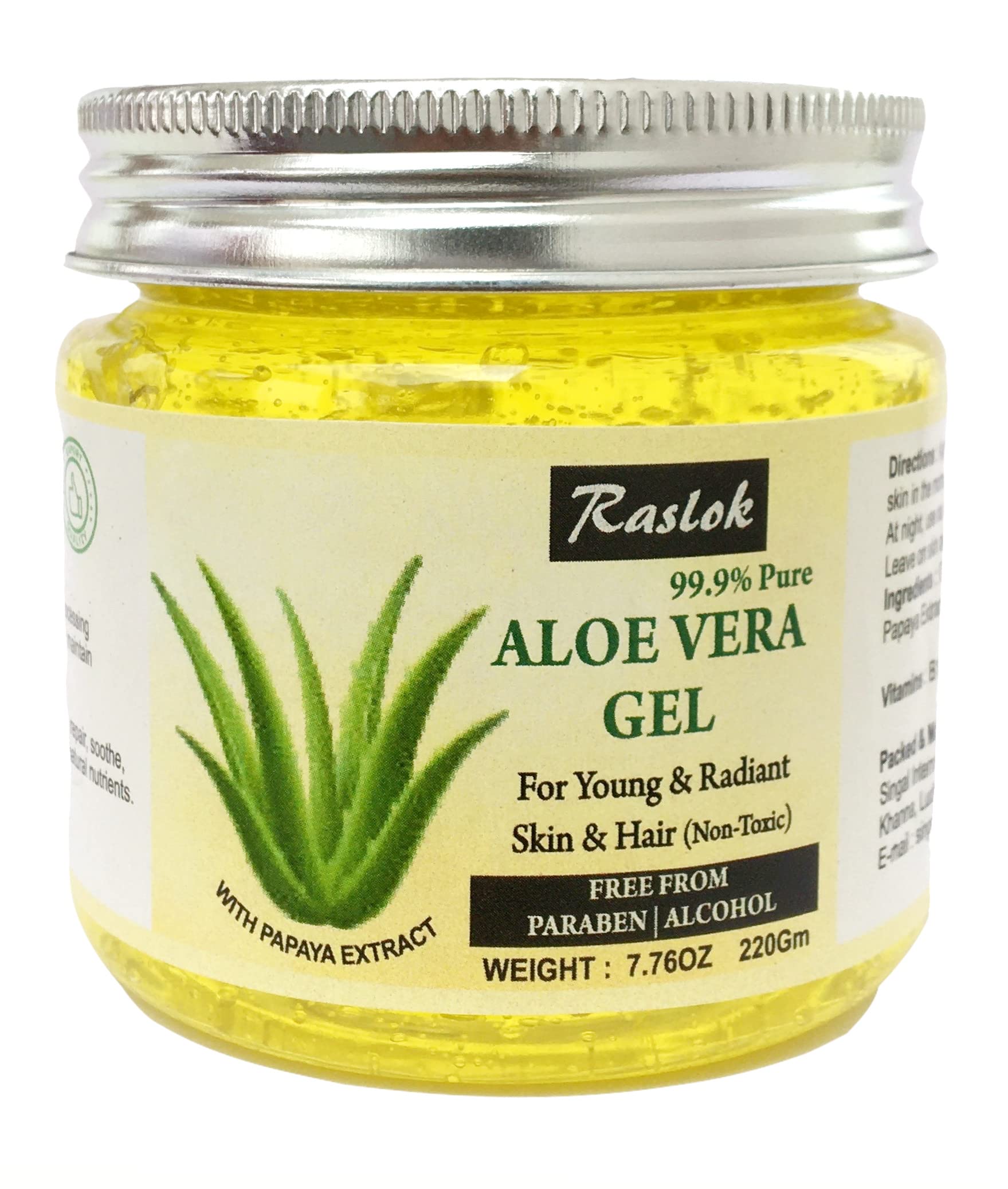 Raslok Aloe Vera Gel Pure Natural Organic Aloe Gel For Moisturizing Face Skin & Hair Care (Papaya, 7.76 oz.)