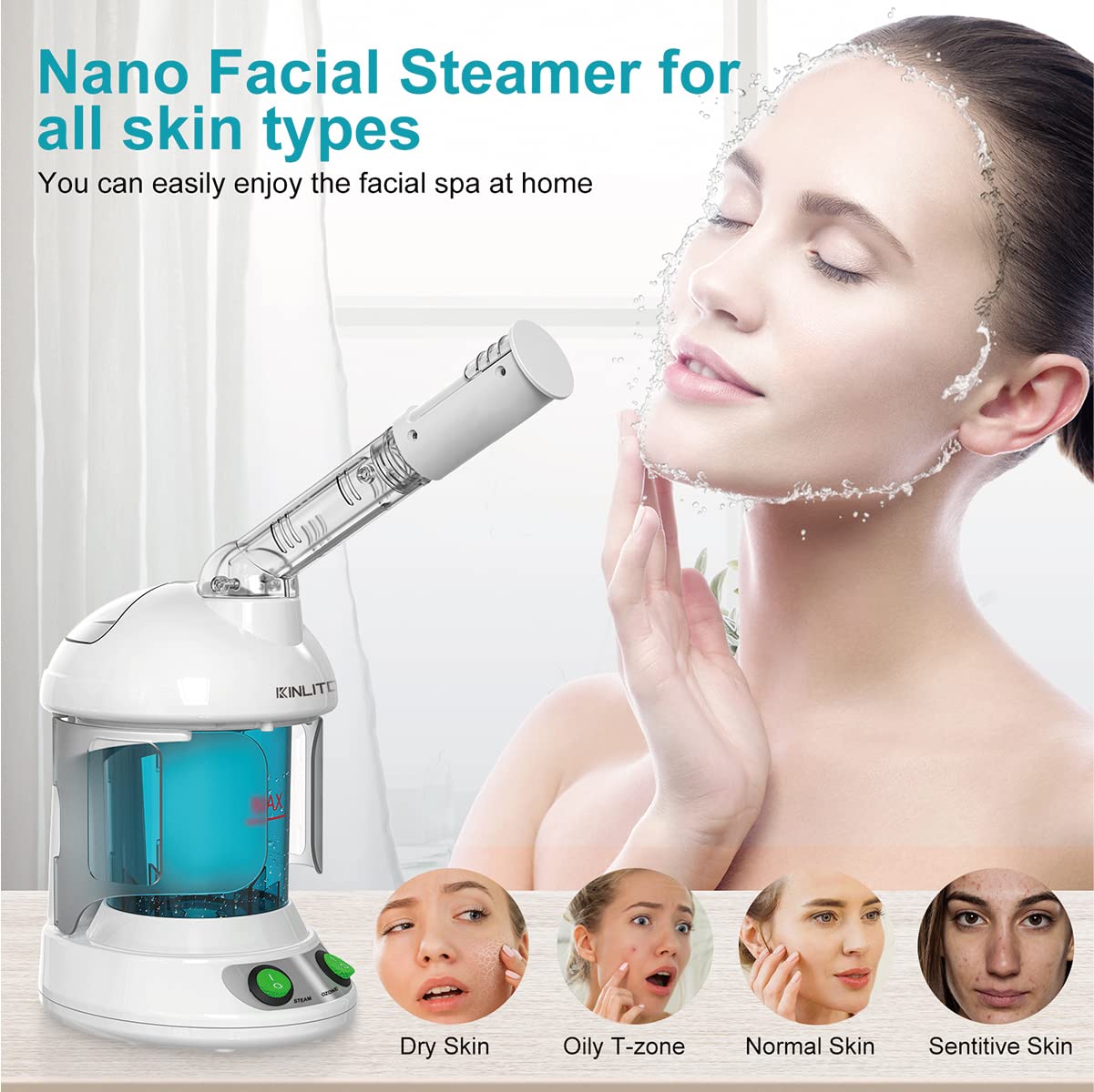 KINLITO Facial Steamer - Ozone Steamer with 360 Rotatable Arm - 40 Min Steam Time - Humidifier - Unclogs Pores - Blackheads - Po