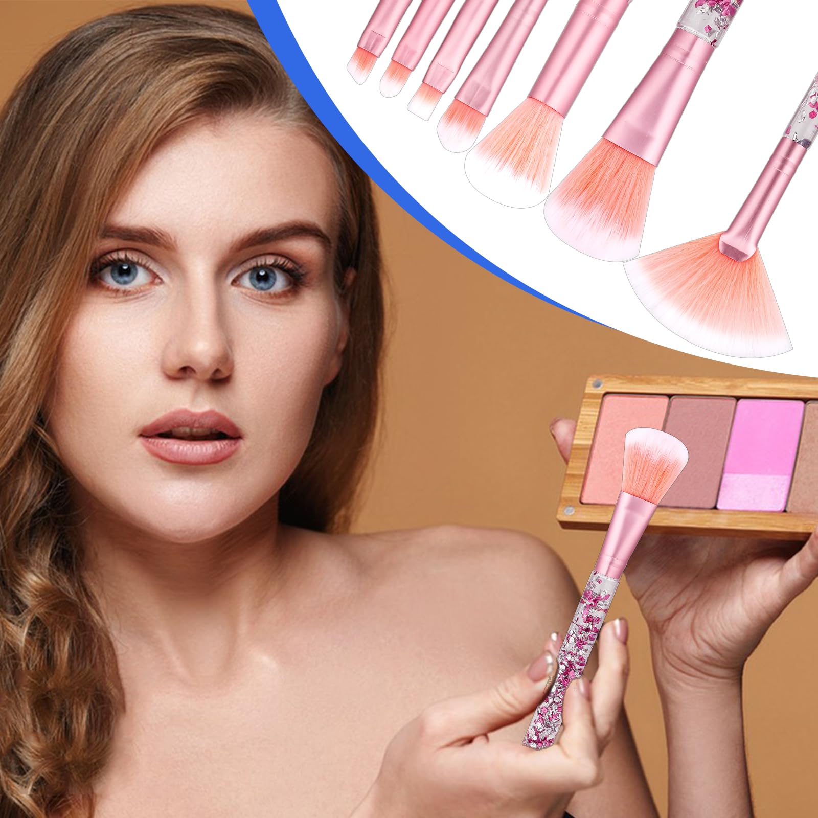 7 Pcs Makeup Brushes, Crystal Sparkles Cute Fan Blush Foundation Powder Lip Highlight Eye Shadow Eyebrow Concealers Brush Set Wi