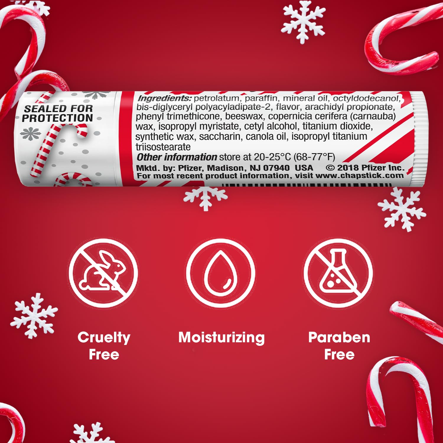 ChapStick Lip Balm, Candy Cane, 3-Count - Fresh & Minty Lip Moisturizer, Stocking Stuffer, 0.15 Oz Ea