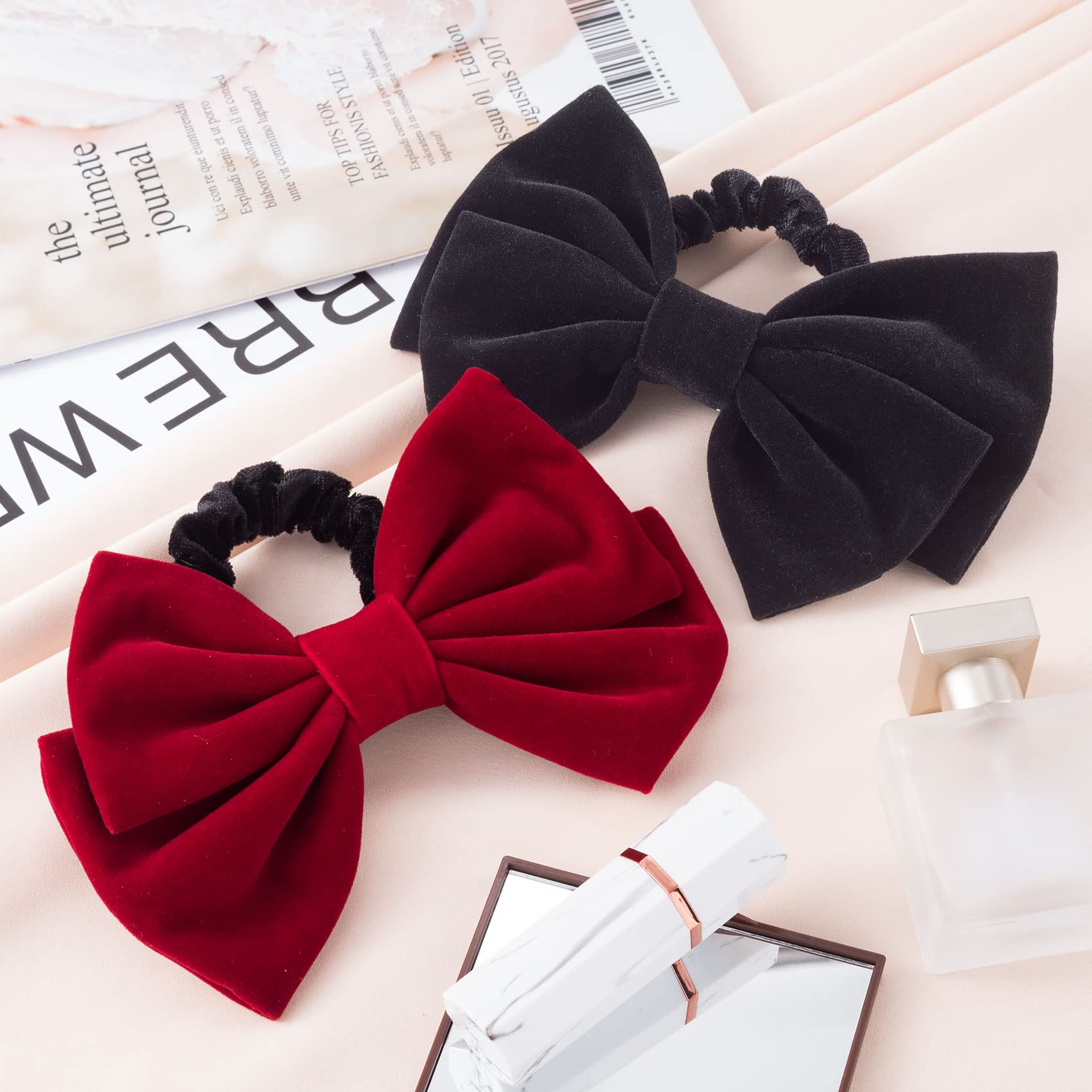 Pagow 2Pcs Velvet Scrunchies Hair Elastic, Large Bowknot Velvet Hair Ties, Black Red Hair Satin Bow Ties Hair Ponytail Holders A