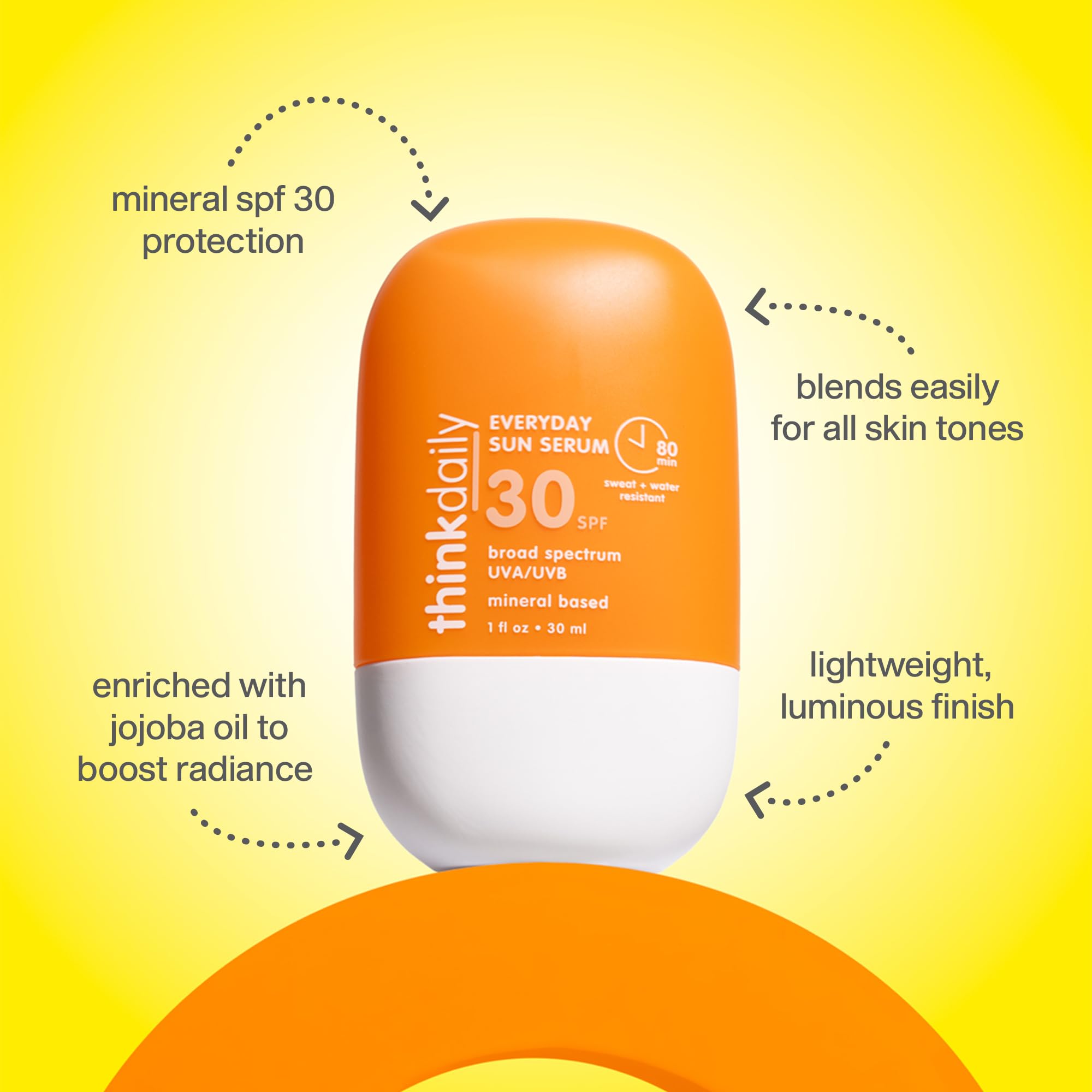Thinkdaily SPF 30 Sunscreen, Everyday Sun Serum for Face, 1 Fl Oz, Zinc Oxide Mineral Sunblock, UVA/UVB Protection, Hydrating Jo