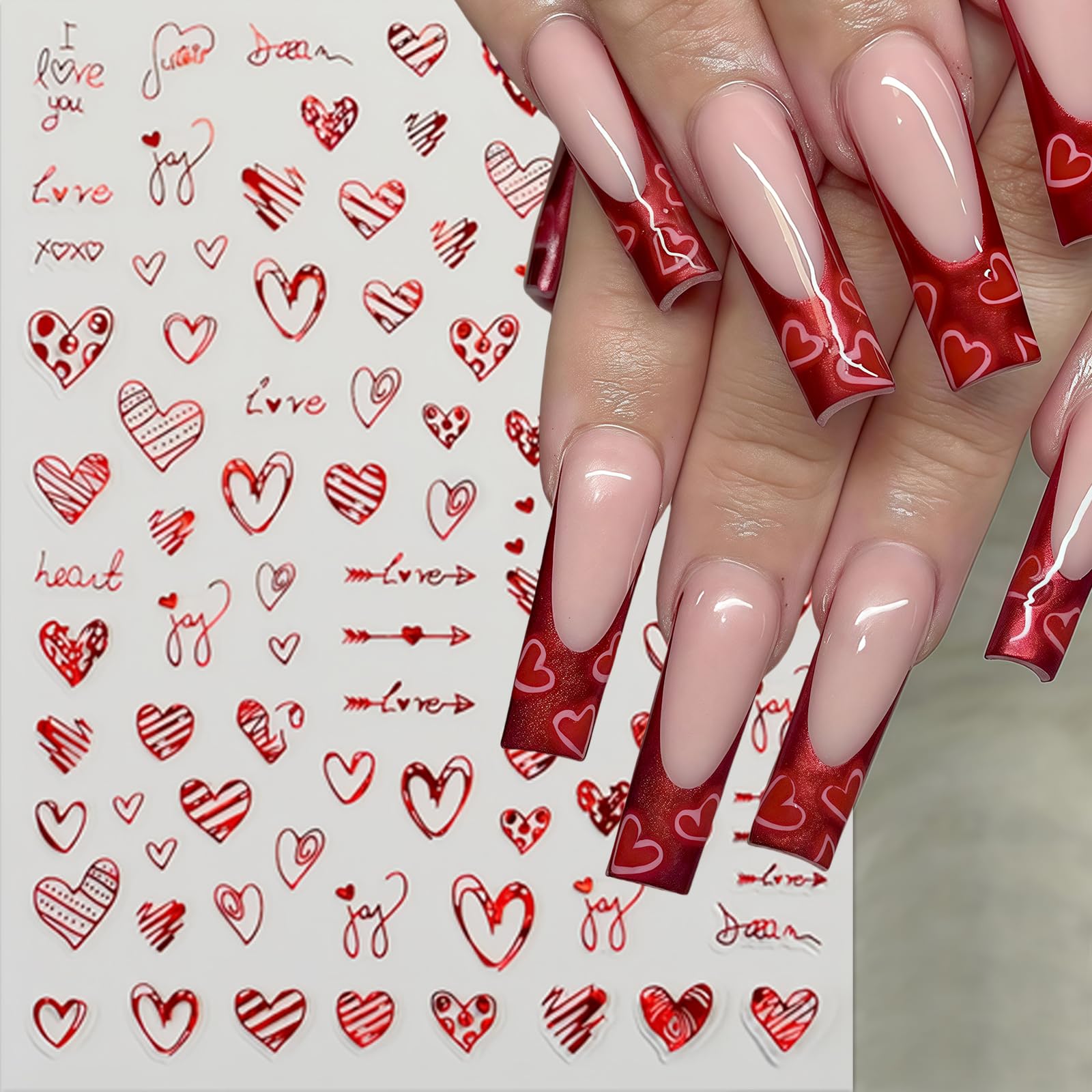 8Pcs Valentines Day Nail Art Stickers Decals Red Heart Nail Sticker Valentines Nail Decals 3D Self-Adhesive Laser Red Love Heart
