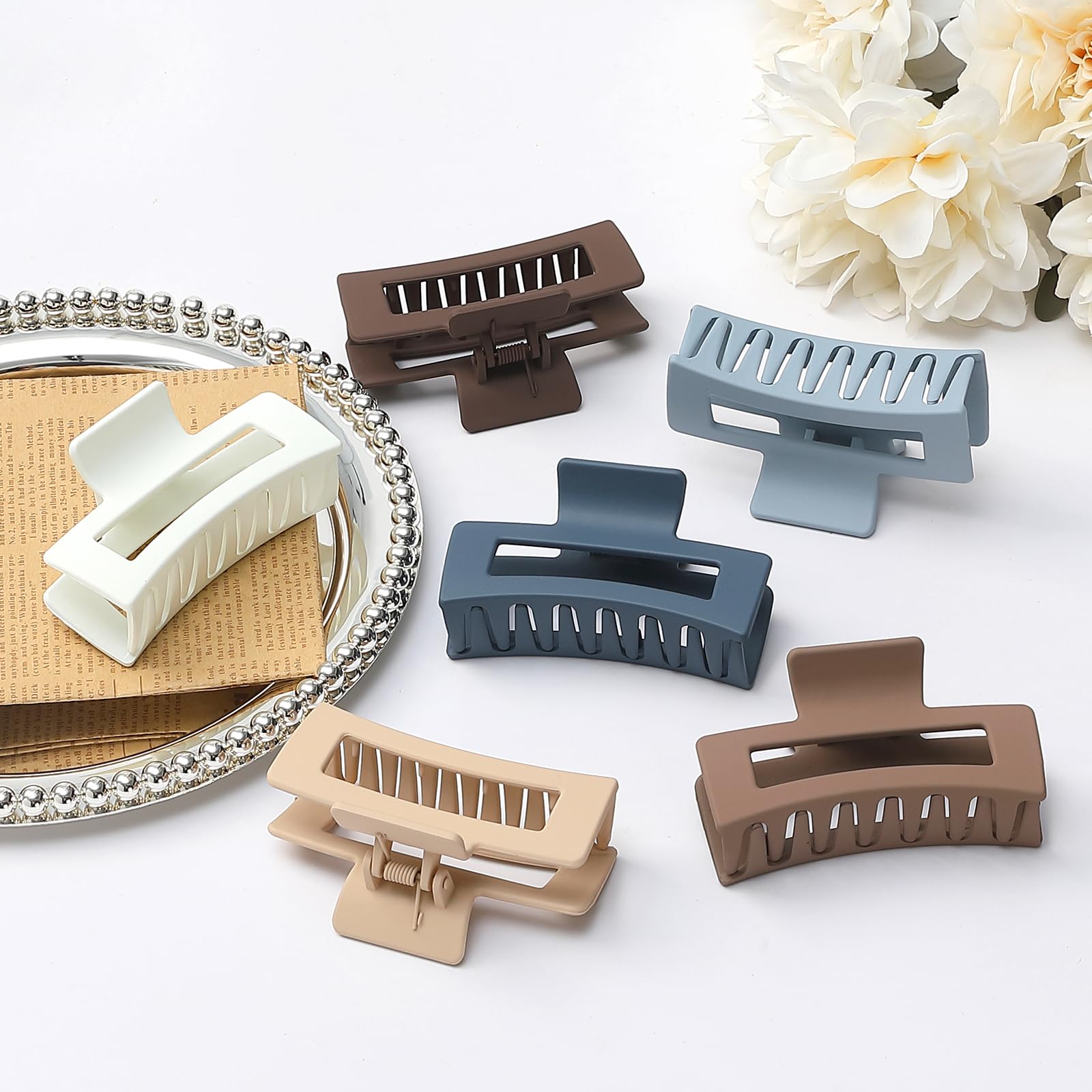 Sisiaipu 3.5 Inch Medium Hair Claw Clips 6 Pack Brown Blue Hair Clips for Women Square Claw Clips Rectangle Clips for Hair Banan