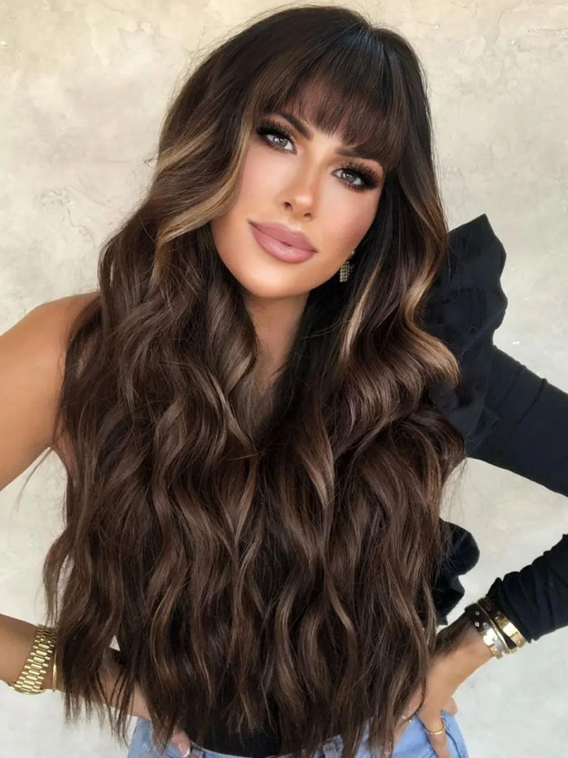 AISI QUEENS Brown Wig with Bangs for Women Long Wavy Hair Wig Brown Highlight Wig Curly Wavy Synthetic Wigs for Girls Daily Part