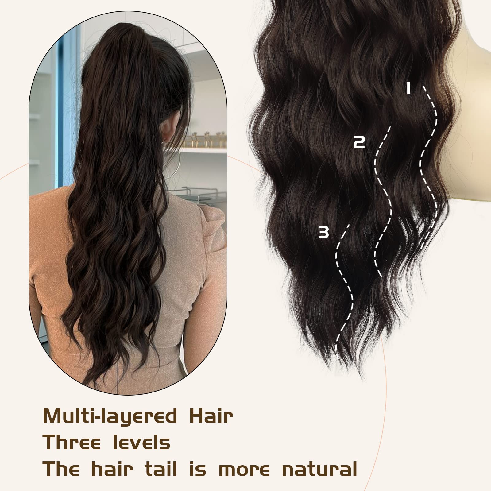 Freemeige Ponytail Extension, 26 Inch Long Wavy Drawstring Ponytail For Women Dark Brown Pony Tail Hair Extension Synthetic Pony