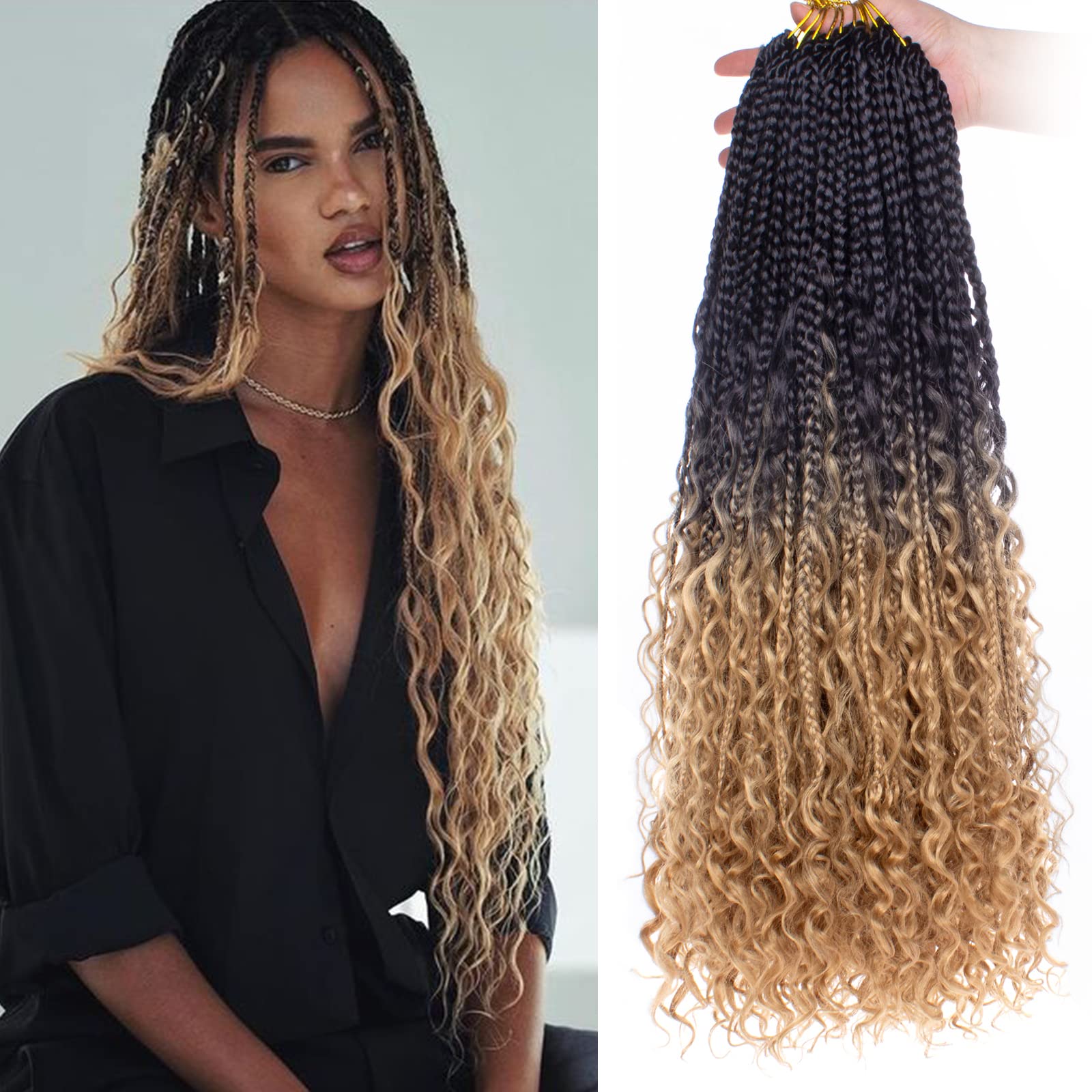 Unionbeauty 24 Inch 8 Packs Boho Box Braids Crochet Hair Curly Ends Goddess Box Braids Crochet Hair for Black Woman Bohemian Hip