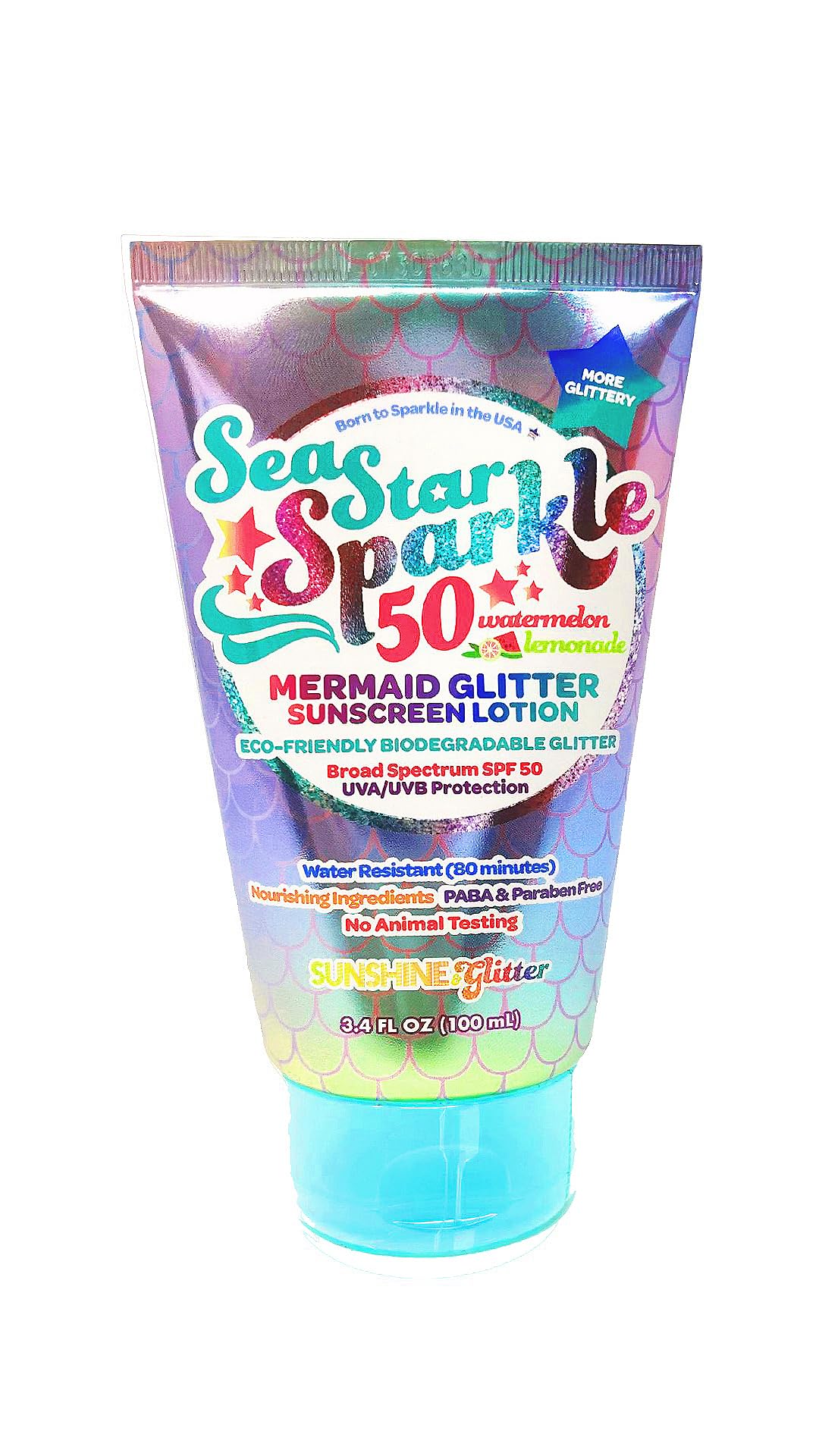 Sunshine & Glitter | Sea Star Sparkle | Biodegradable Glitter Sunscreen Spf 50 | Mermaid Watermelon Lemonade | Water Resistant |